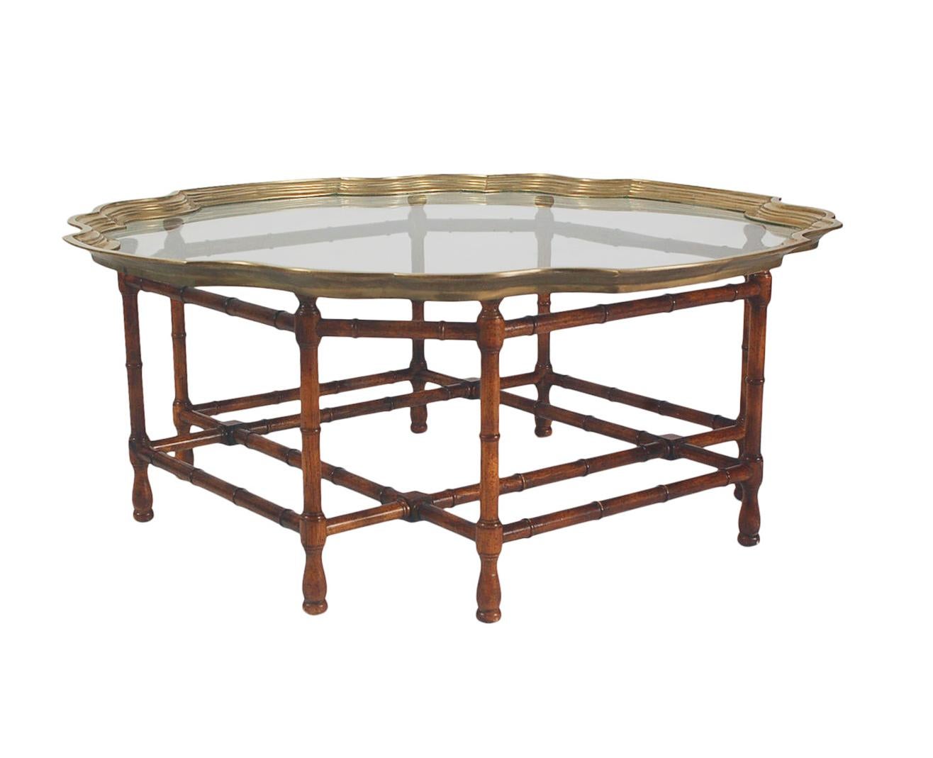 American Hollywood Regency Faux Bamboo & Brass Tray Circular or Round Cocktail