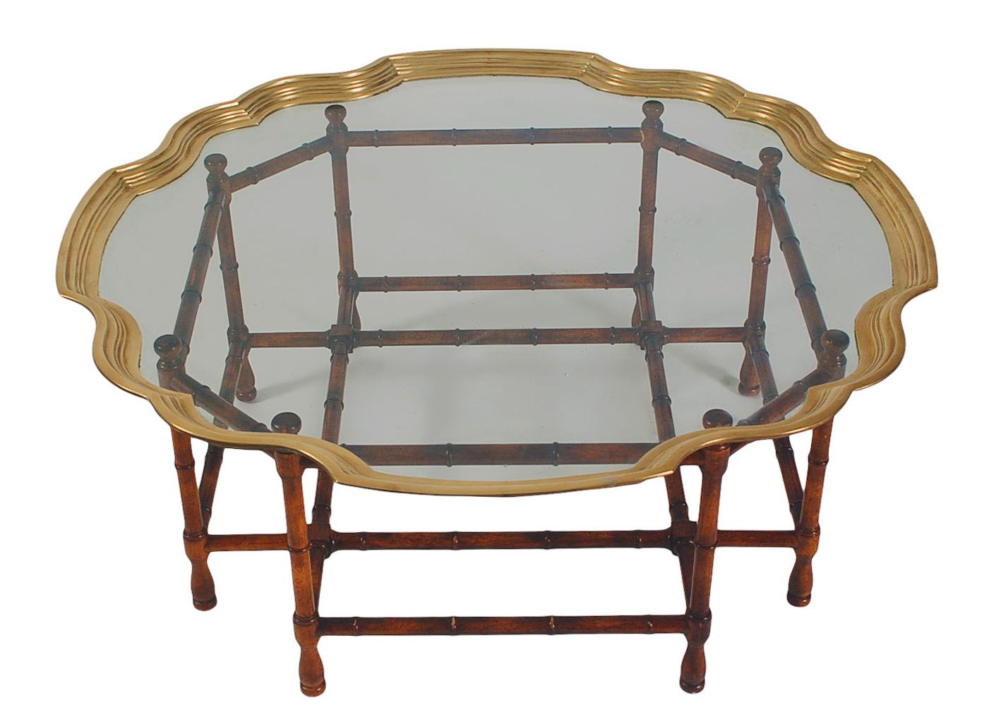 Mid-20th Century Hollywood Regency Faux Bamboo & Brass Tray Circular or Round Cocktail