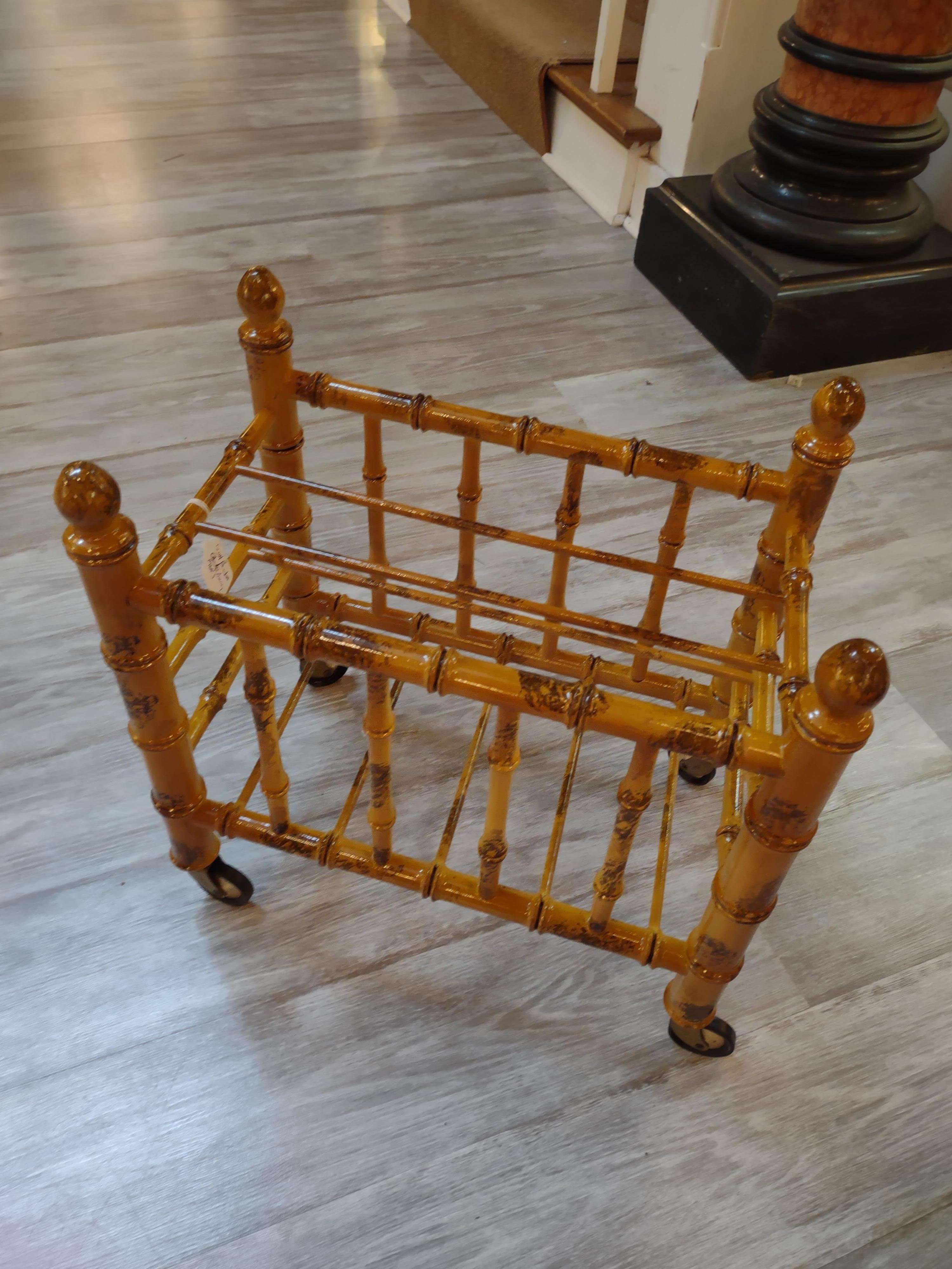 Hollywood Regency Faux Bamboo Canterbury Magazine Stand on Castors  In Excellent Condition In Lambertville, NJ