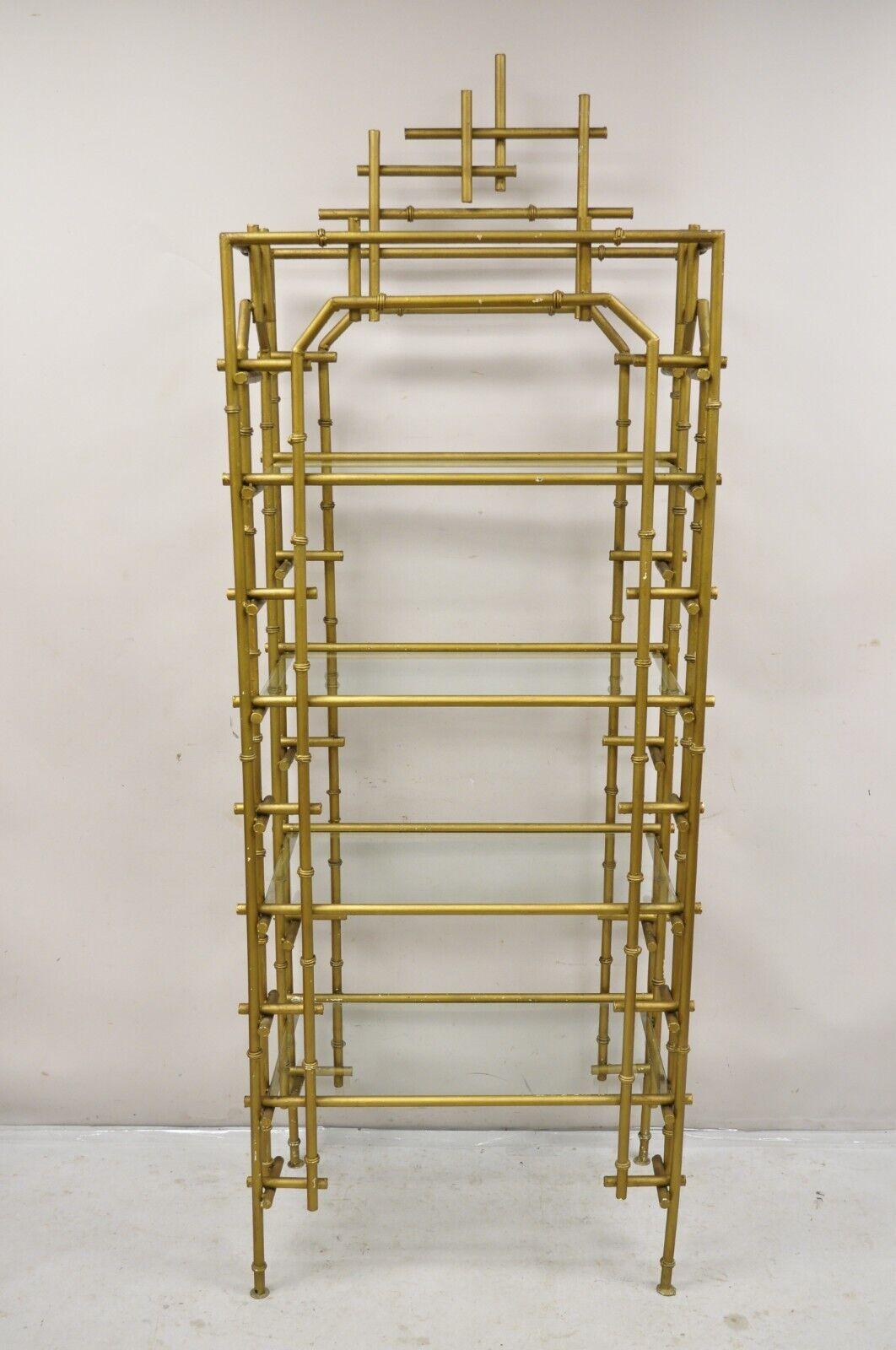 Hollywood Regency Faux Bamboo Chinese Chippendale Pagoda Gold Etagere Bookcase For Sale 5