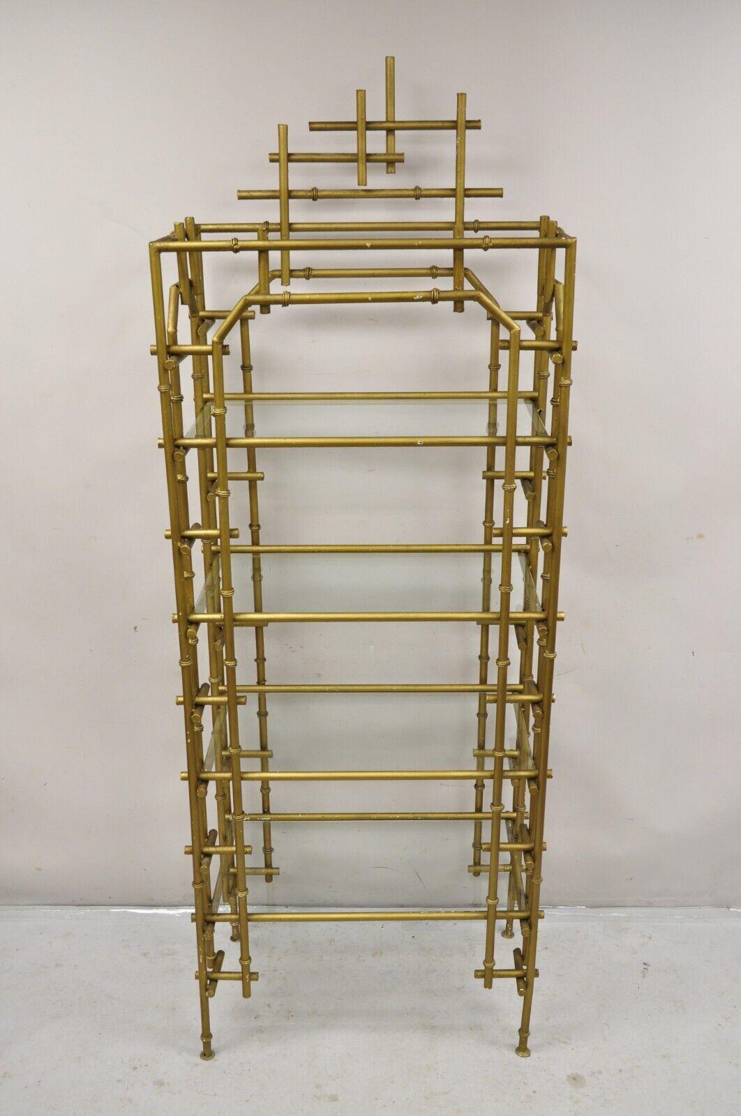 Hollywood Regency Faux Bamboo Chinese Chippendale Pagoda Gold Etagere Bookcase For Sale 7