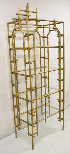 Hollywood Regency Faux Bamboo Chinese Chippendale Pagoda Gold Etagere Bookcase