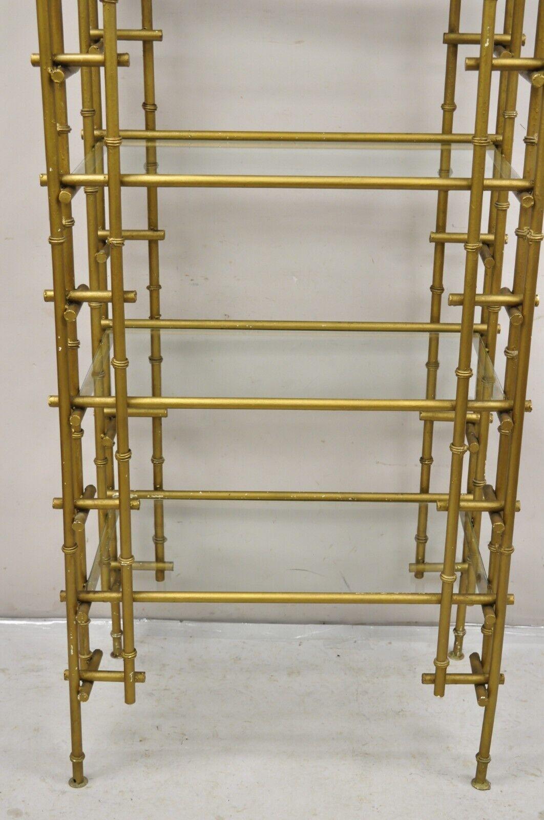 20th Century Hollywood Regency Faux Bamboo Chinese Chippendale Pagoda Gold Etagere Bookcase For Sale