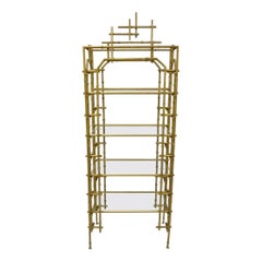 Hollywood Regency Faux Bamboo Chinese Chippendale Pagoda Gold Etagere Bookcase