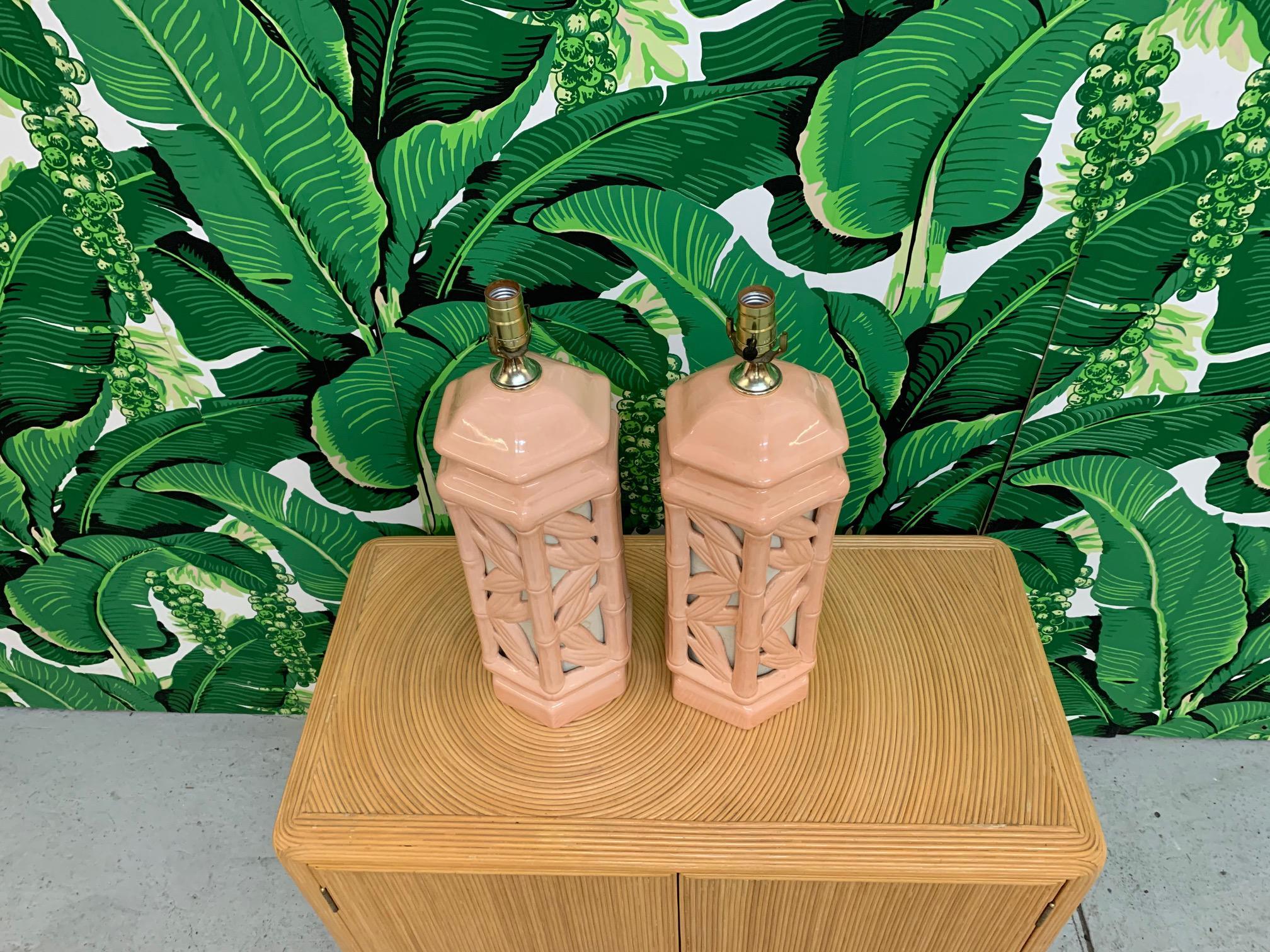 Hollywood Regency Faux Bamboo Chinoiserie Table Lamps, a Pair In Good Condition In Jacksonville, FL