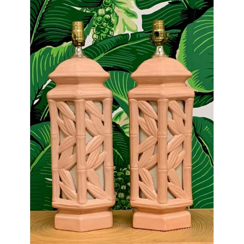 Late 20th Century Hollywood Regency Faux Bamboo Chinoiserie Table Lamps, a Pair