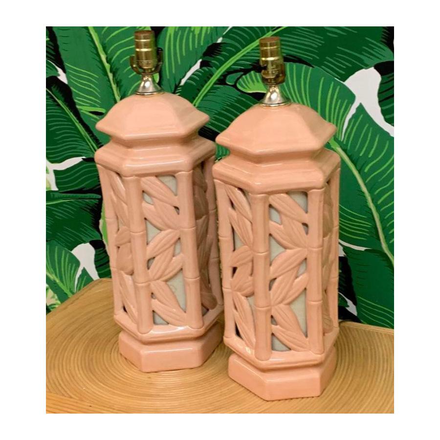 Late 20th Century Hollywood Regency Faux Bamboo Chinoiserie Table Lamps, a Pair For Sale