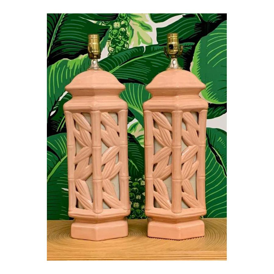Ceramic Hollywood Regency Faux Bamboo Chinoiserie Table Lamps, a Pair For Sale