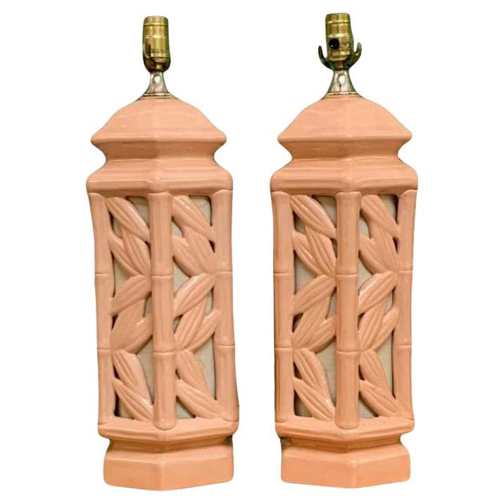 Hollywood Regency Faux Bamboo Chinoiserie Table Lamps, a Pair For Sale