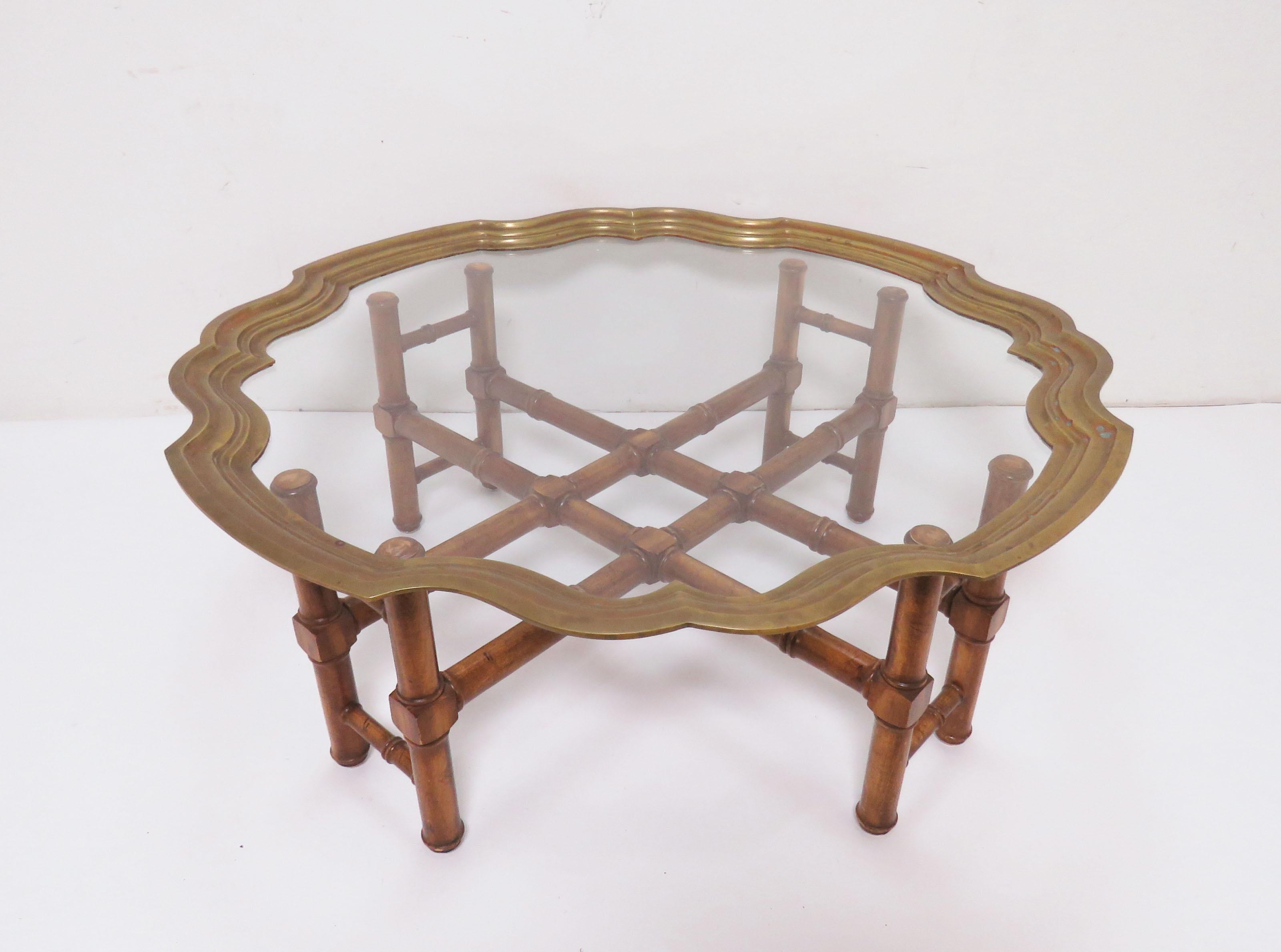 Mid-Century Modern Hollywood Regency Faux Bamboo Coffee Table with Brass Framed Top