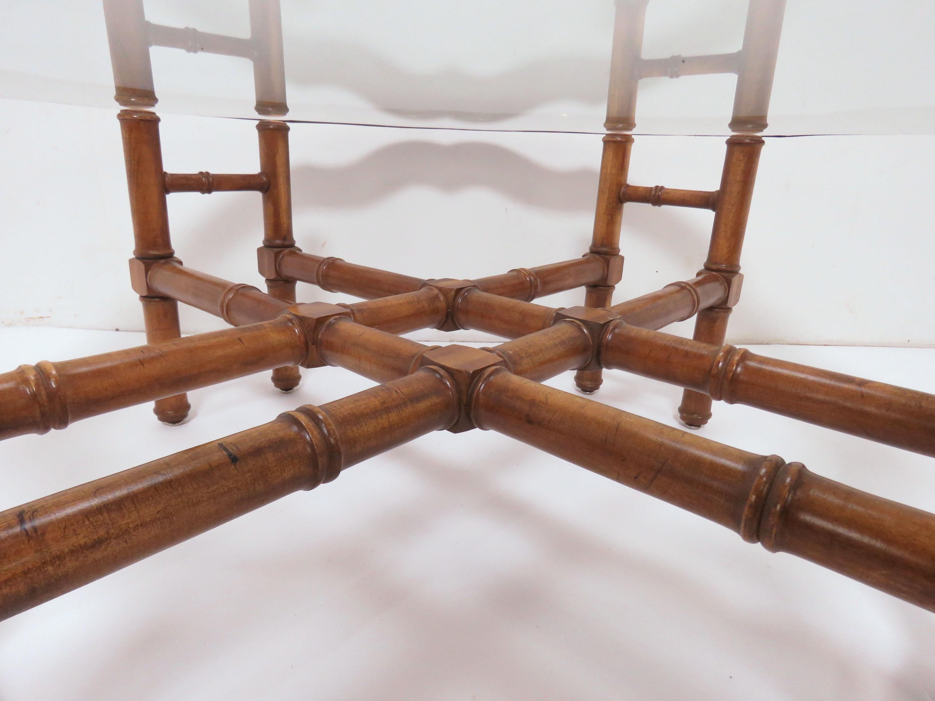 Hollywood Regency Faux Bamboo Coffee Table with Brass Framed Top 2
