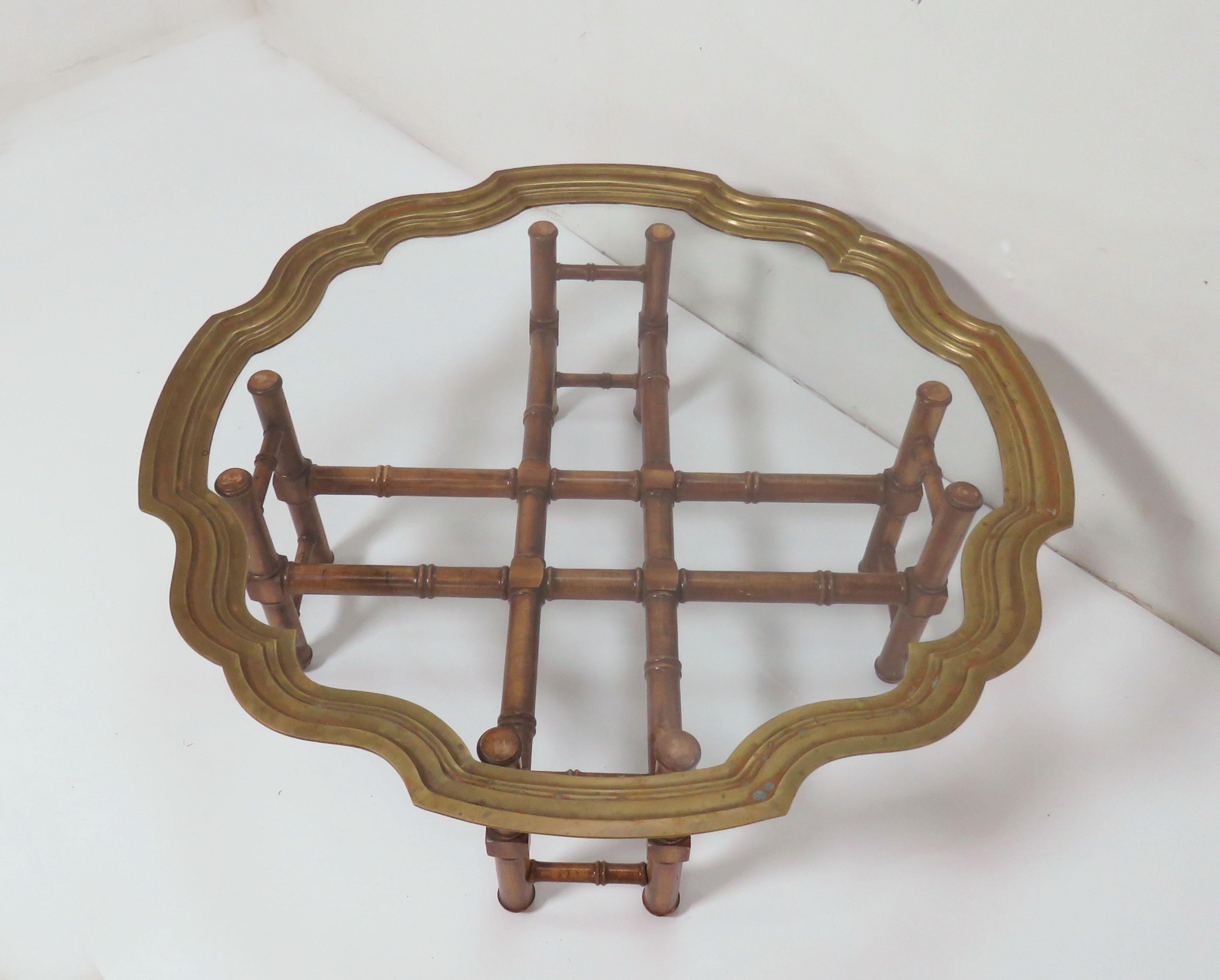 Hollywood Regency Faux Bamboo Coffee Table with Brass Framed Top 3