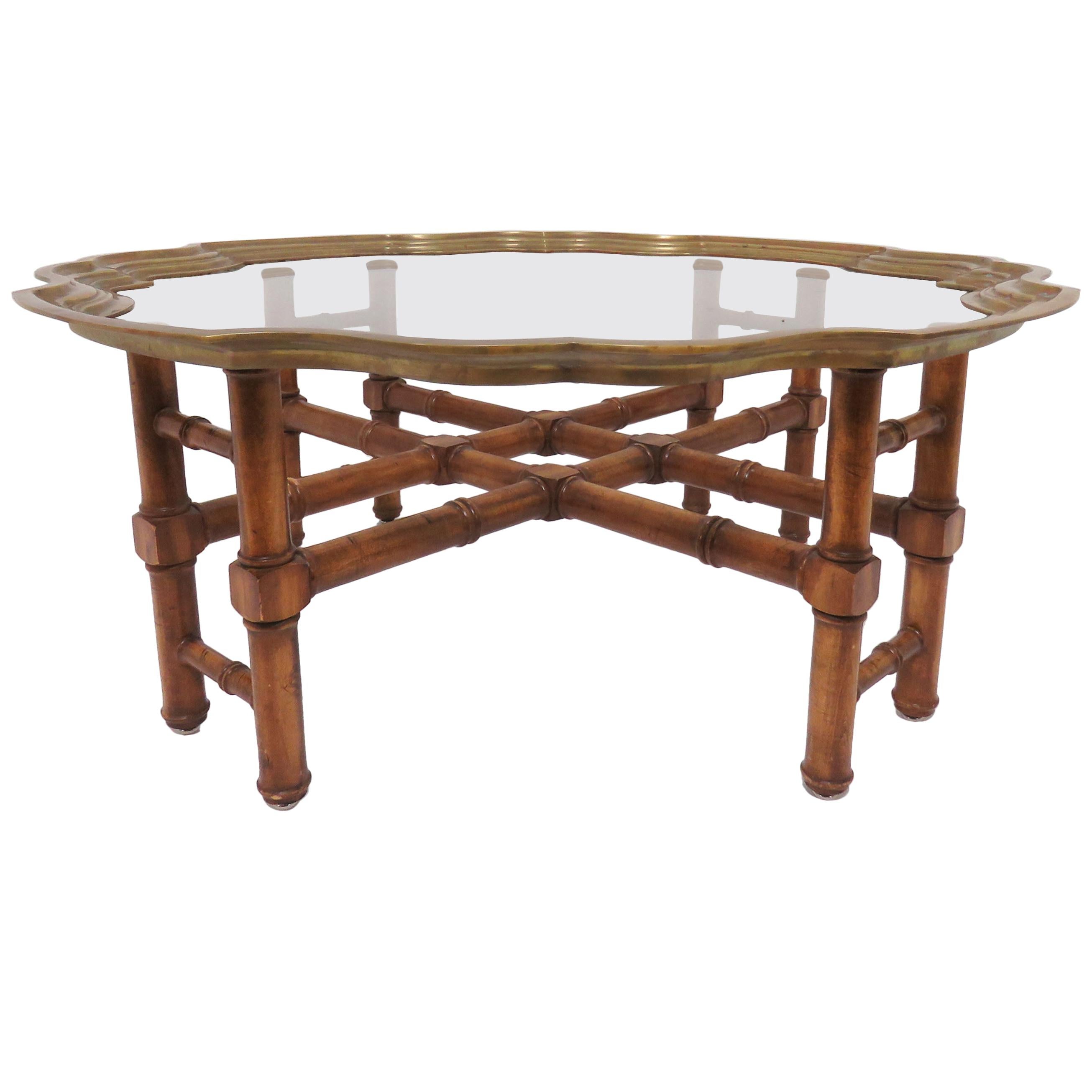 Hollywood Regency Faux Bamboo Coffee Table with Brass Framed Top