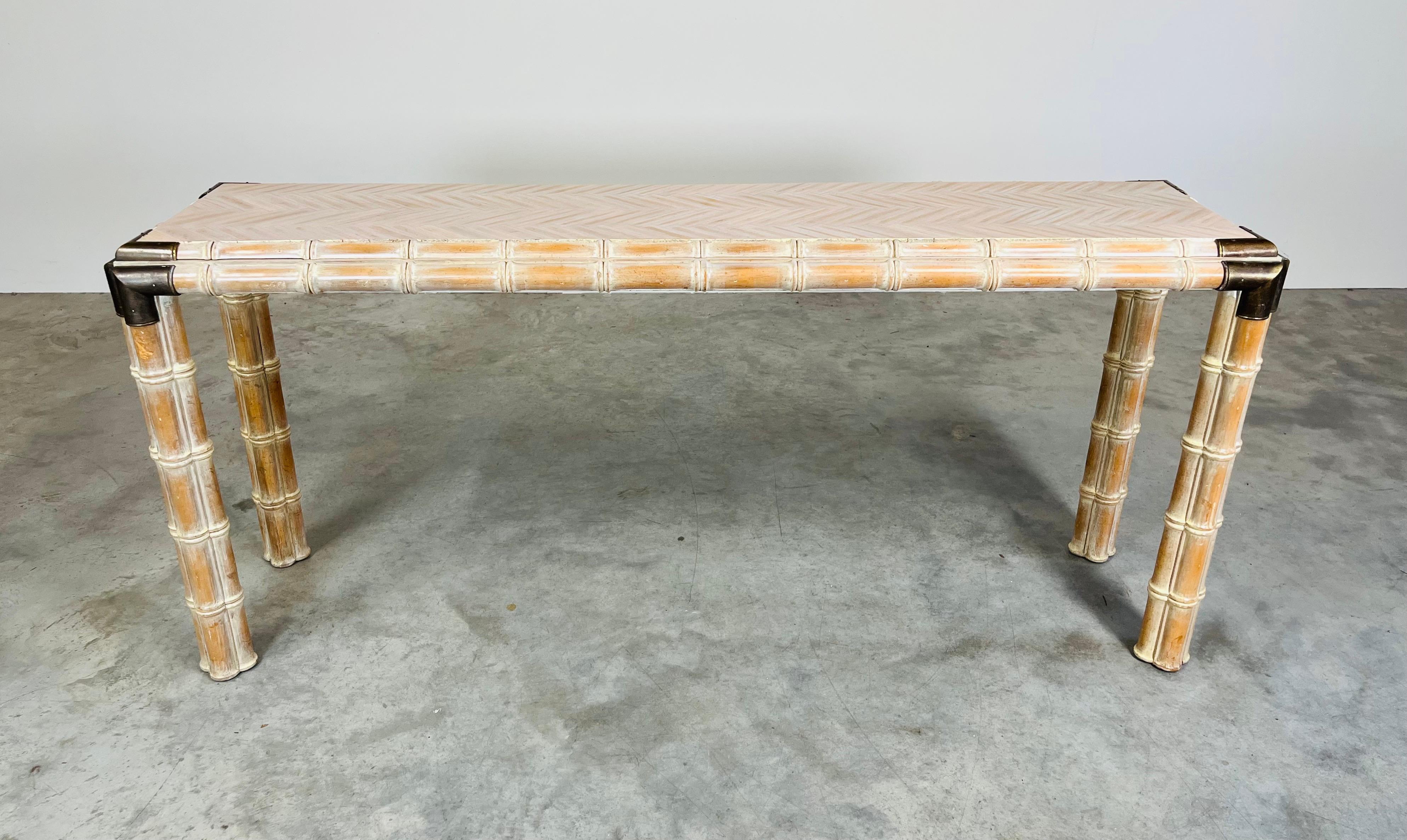 American Hollywood Regency Faux Bamboo Console or Sofa Table With Brass Mounts Circa 1970 For Sale