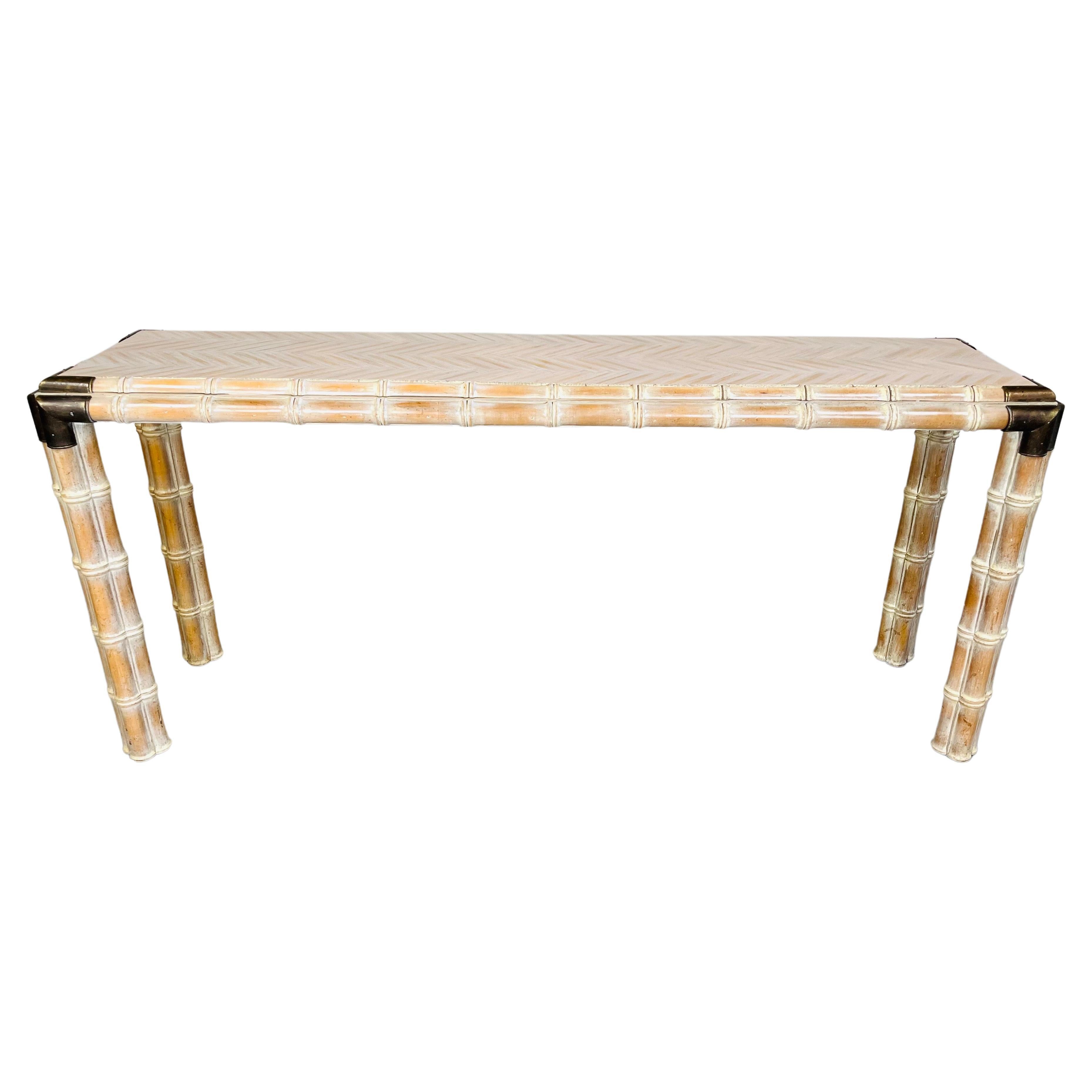 Hollywood Regency Faux Bamboo Console or Sofa Table With Brass Mounts Circa 1970 For Sale