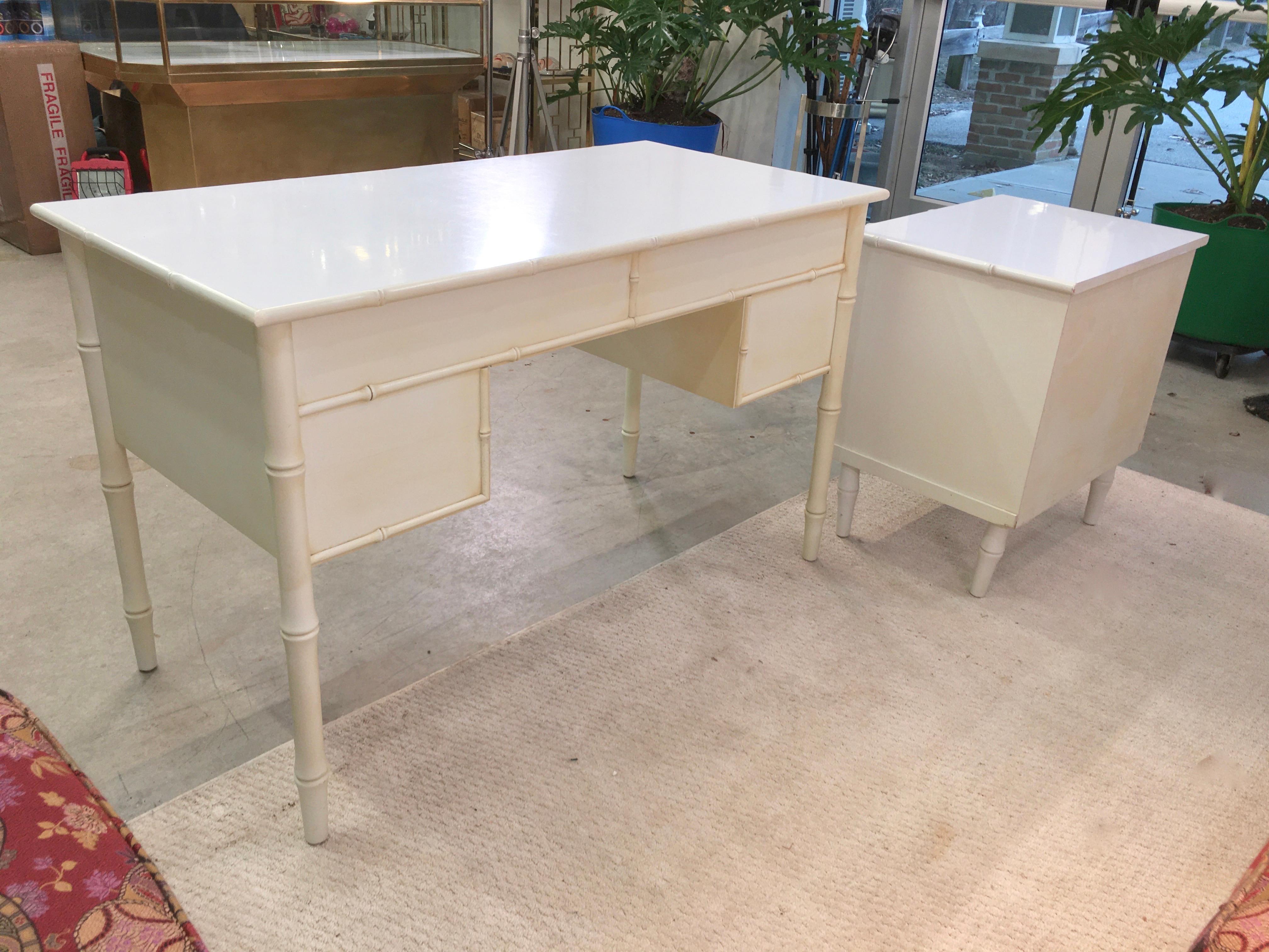 Painted Hollywood Regency Faux Bamboo Desk with Brass Hardware