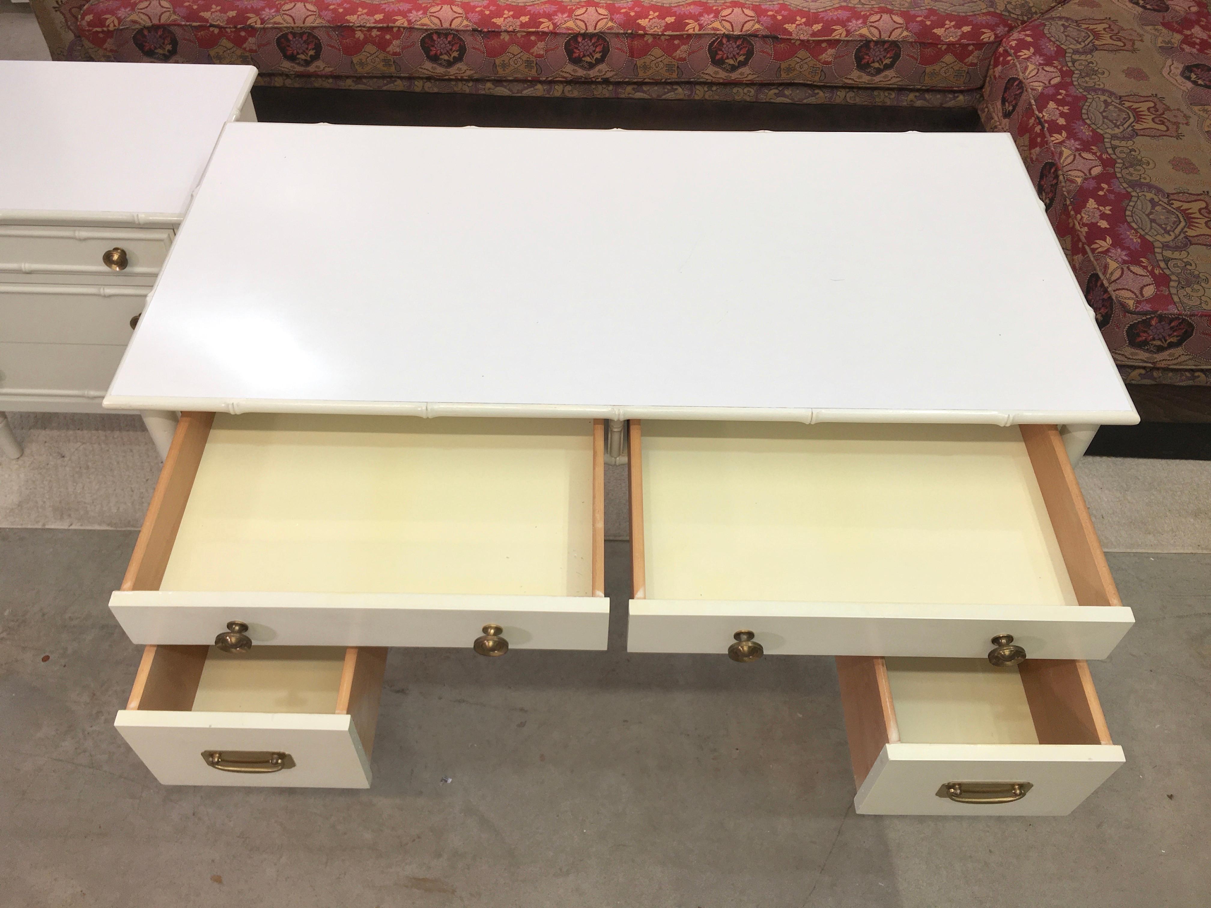 Hollywood Regency Faux Bamboo Desk with Brass Hardware In Good Condition In Hanover, MA