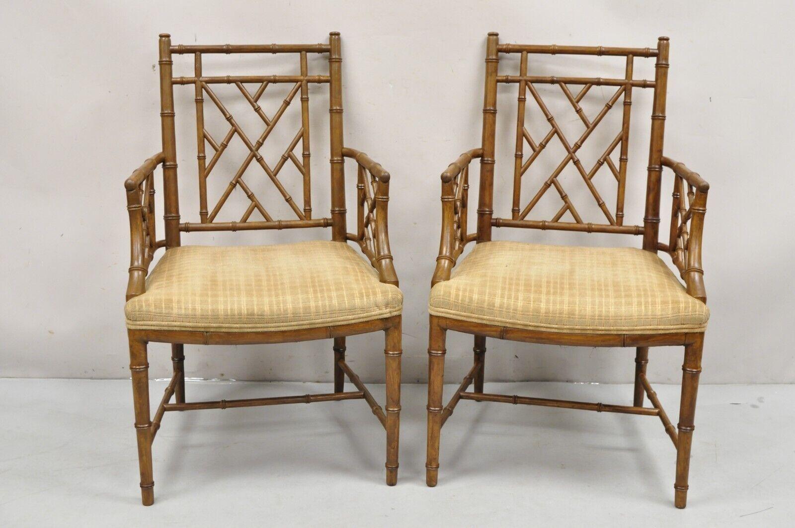 Hollywood Regency Faux Bamboo Fretwork Chinese Chippendale Arm Chairs - a Pair. Circa Mid to Late 20th Century. Measurements: 37.5 H x 22