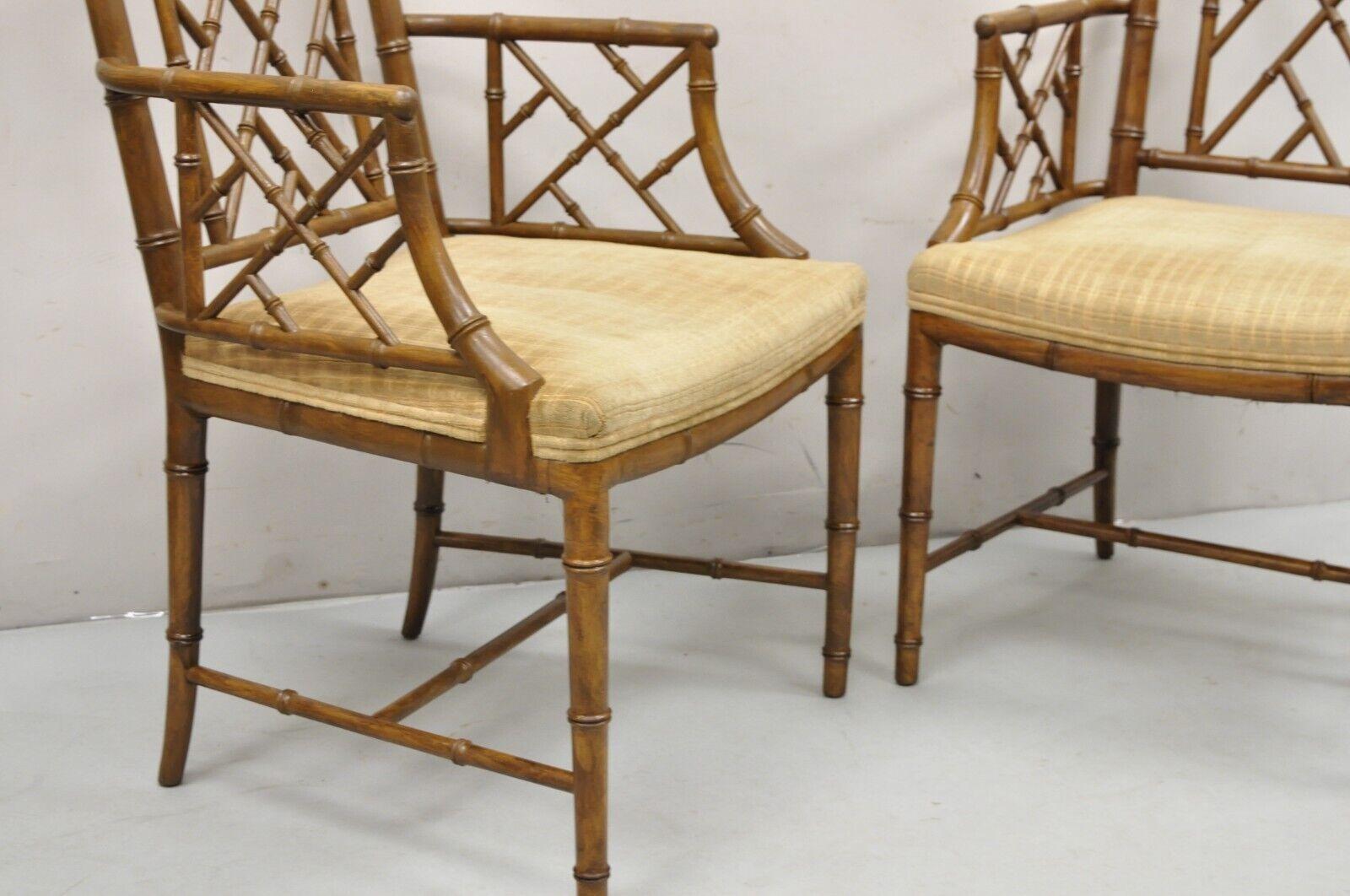 20th Century Hollywood Regency Faux Bamboo Fretwork Chinese Chippendale Arm Chairs - Pair For Sale