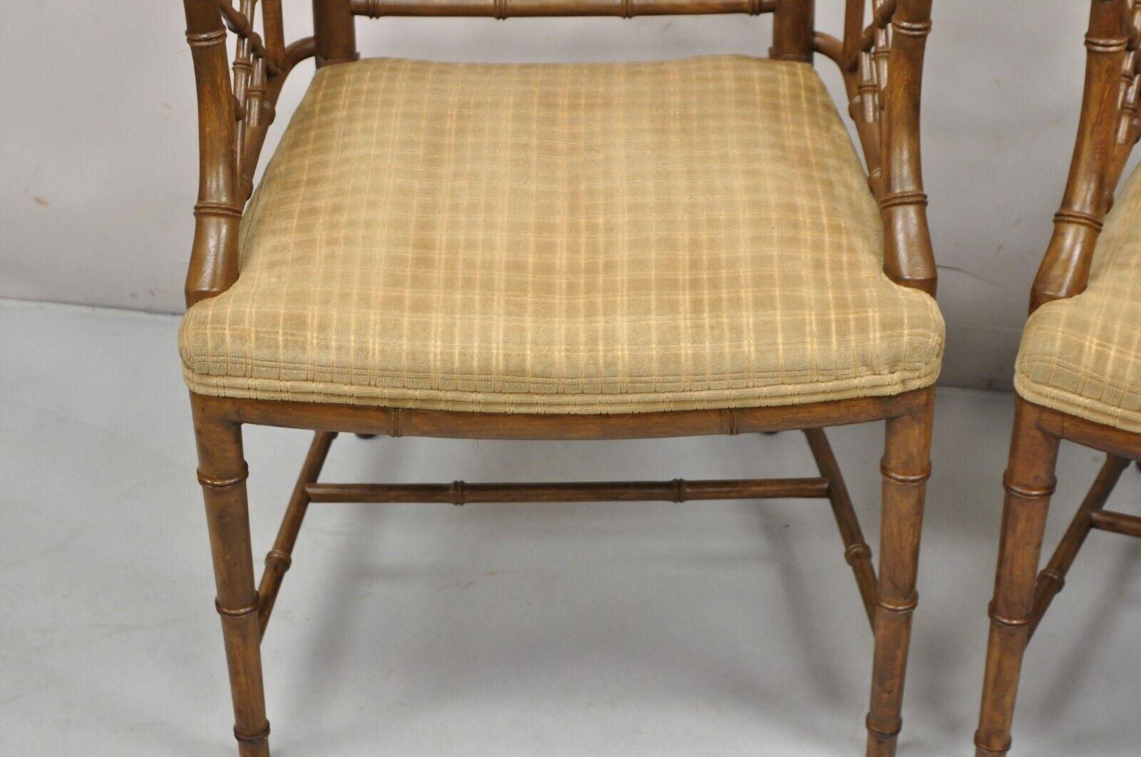 Wood Hollywood Regency Faux Bamboo Fretwork Chinese Chippendale Arm Chairs - Pair