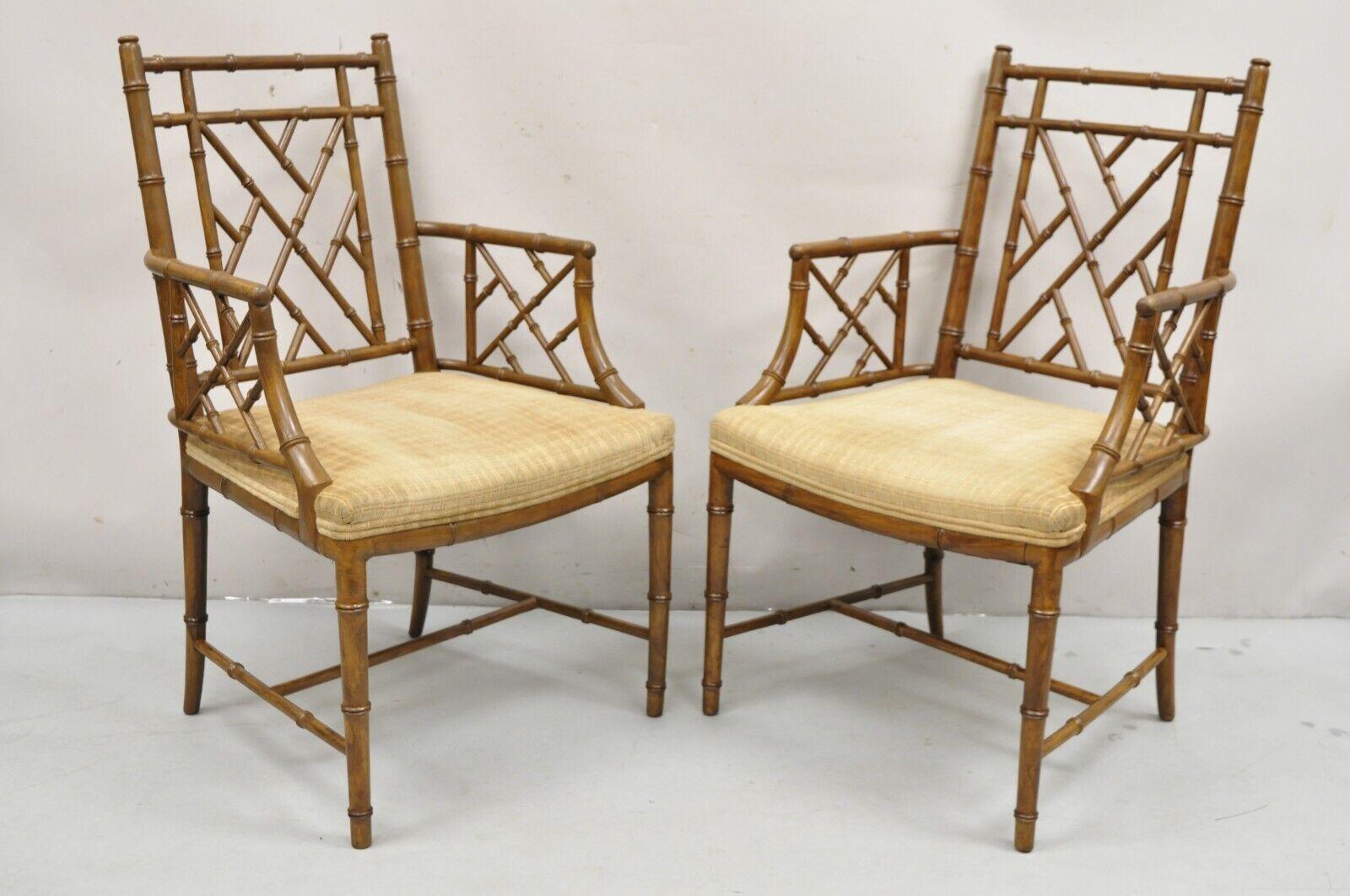 Hollywood Regency Faux Bamboo Fretwork Chinese Chippendale Arm Chairs - Pair For Sale 4