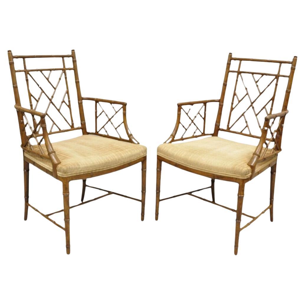 Hollywood Regency Faux Bamboo Fretwork Chinese Chippendale Arm Chairs - Pair For Sale