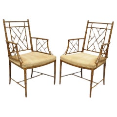 Retro Hollywood Regency Faux Bamboo Fretwork Chinese Chippendale Arm Chairs - Pair