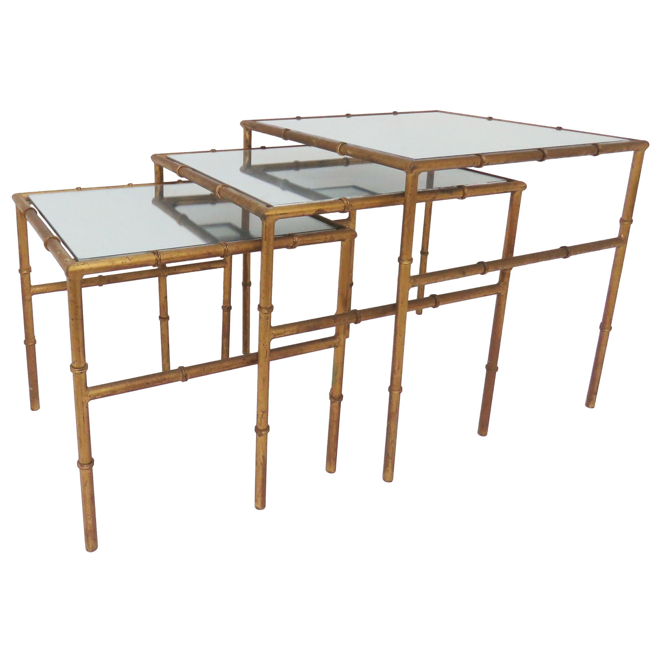 Hollywood Regency Faux Bamboo Gilt Metal Nesting Tables, circa 1960s