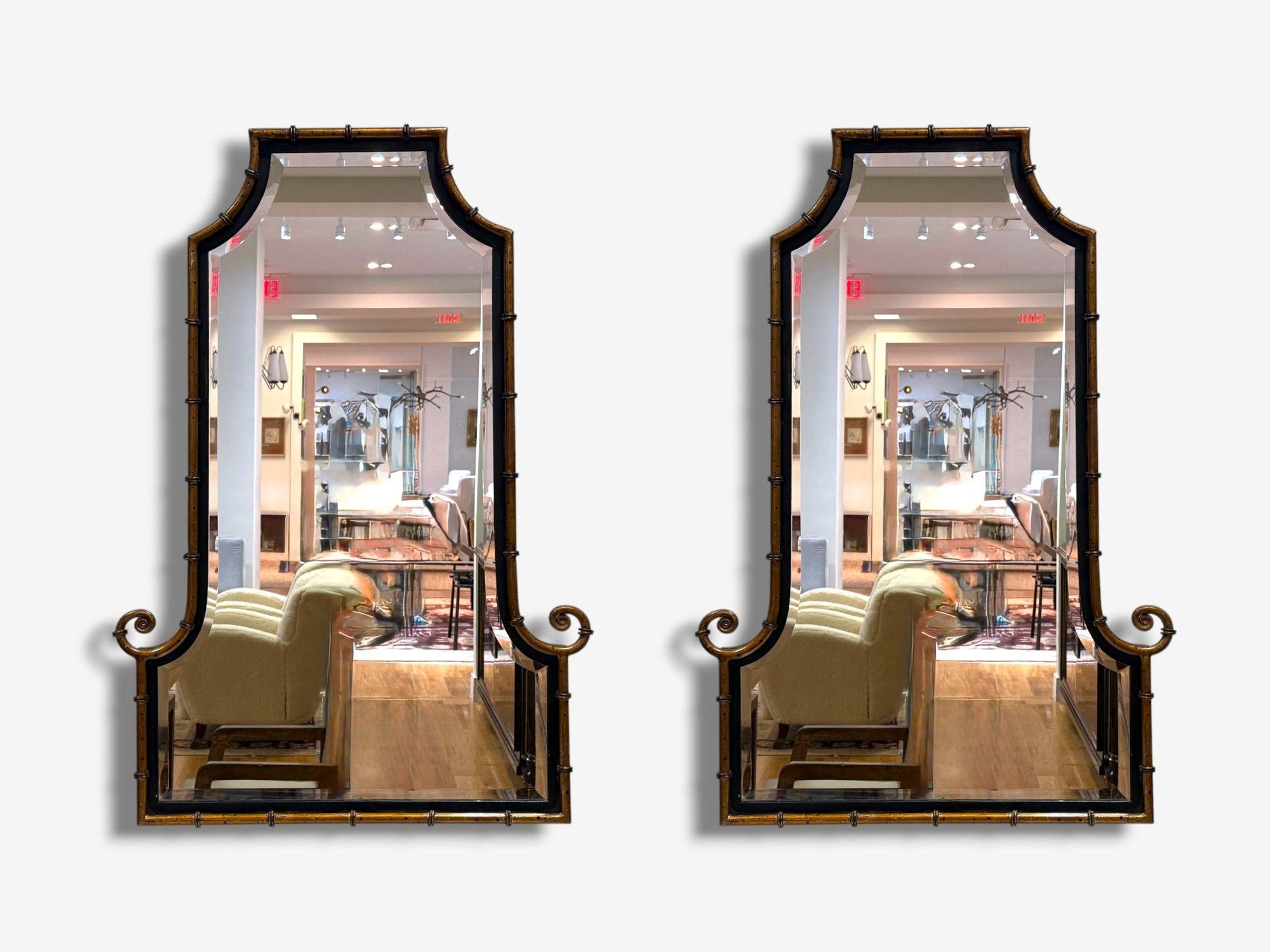 Chinoiserie Style, Faux Bamboo Gilt Metal, Pagoda Form Wall Mirrors, USA, 1960s

A pair of mid-century modern chinoiserie-style wall mirrors, designed and produced in the later half of the 20th century in the U.S. Each mirror features a pagoda form