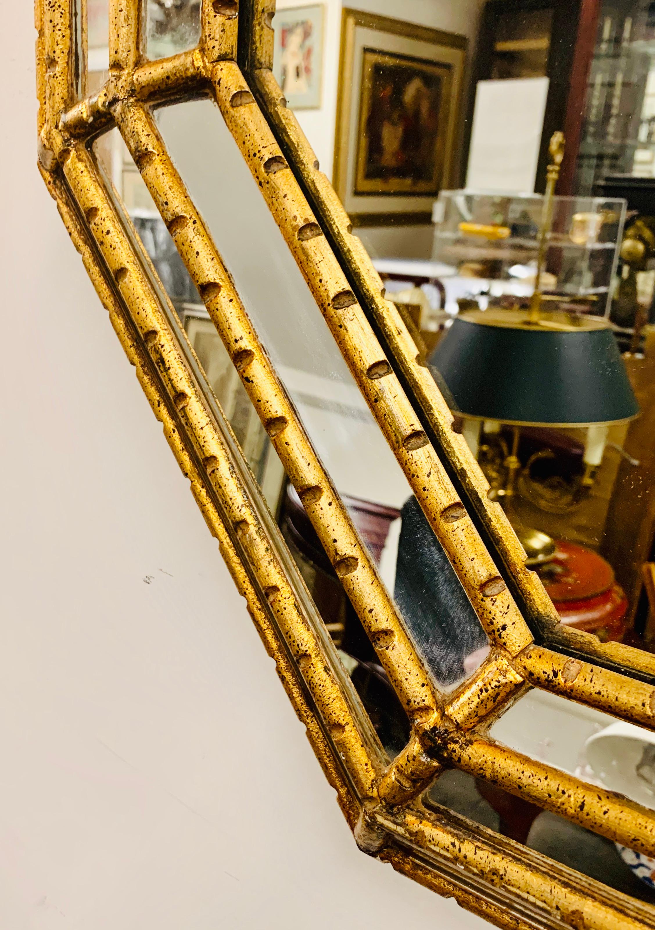 Hollywood Regency Faux Bamboo Gilt Octagonal Mirror In Good Condition In West Palm Beach, FL