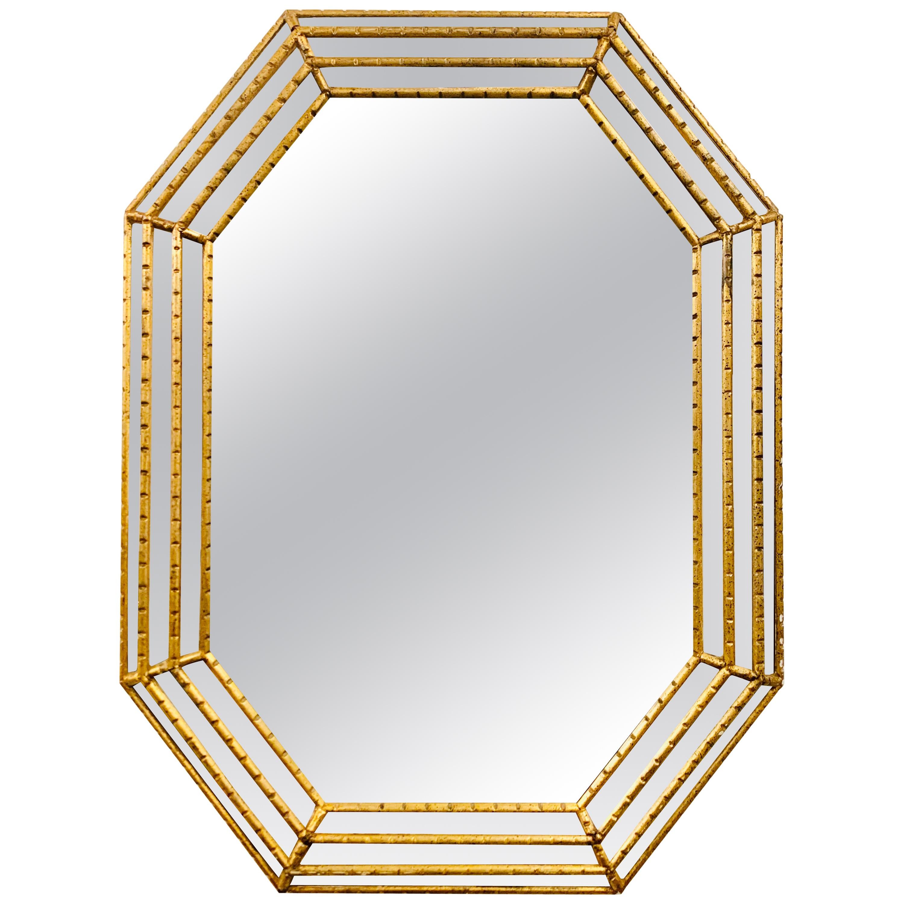 Hollywood Regency Faux Bamboo Gilt Octagonal Mirror