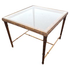 Hollywood Regency Faux Bamboo Giltwood Metal & Glass Center Table or Side Table