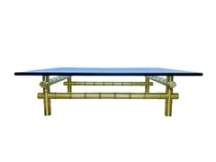 Hollywood Regency Faux Bamboo Gold Metal Glass Top Coffee Table, 1980s