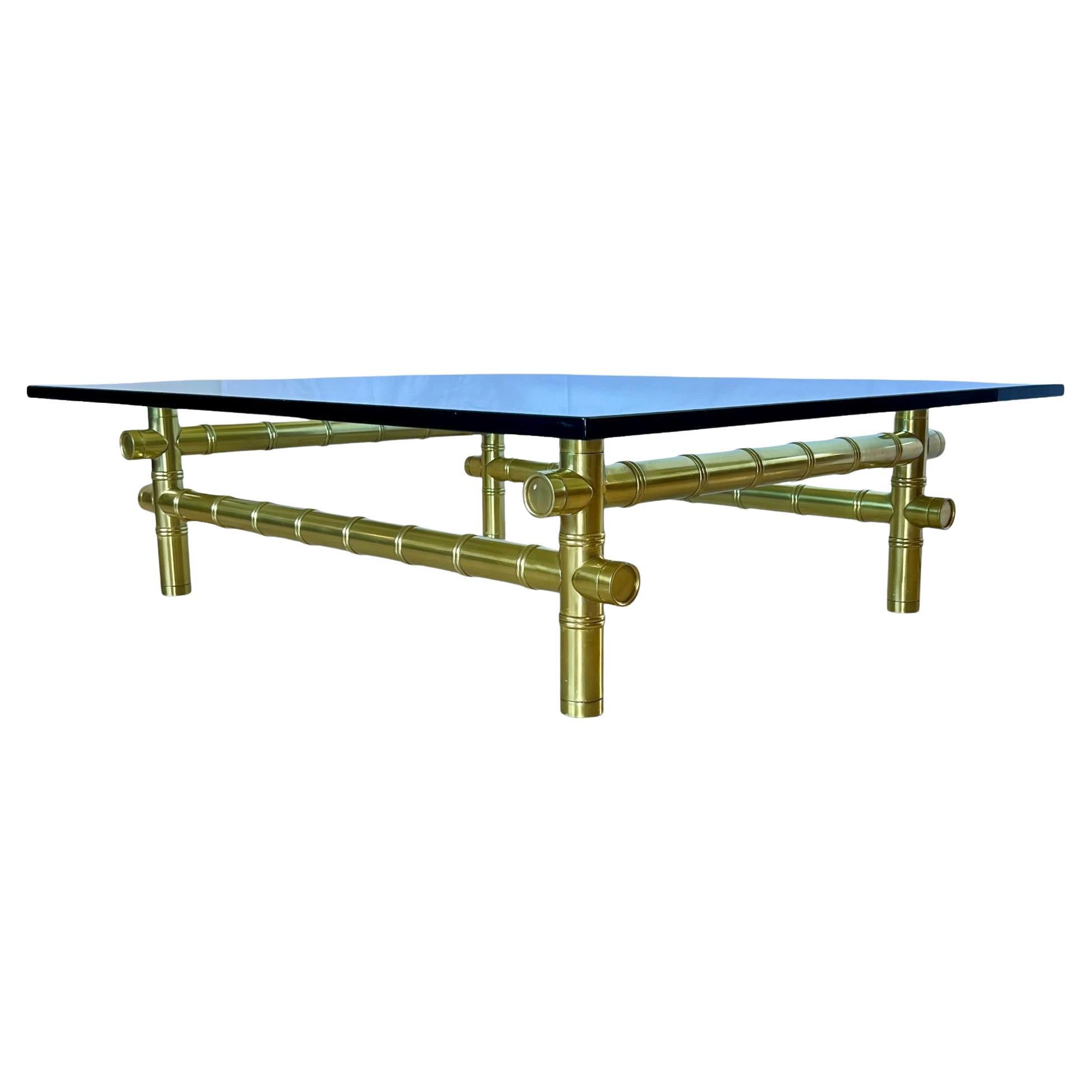 Hollywood Regency Faux Bamboo Gold Metal Glass Top Coffee Table, 1980s