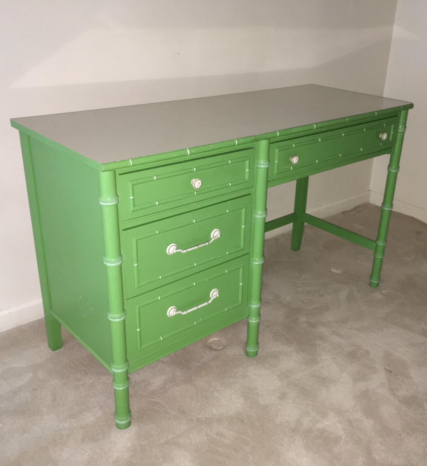 American Hollywood Regency Faux Bamboo Green and White Desk by Thomasville