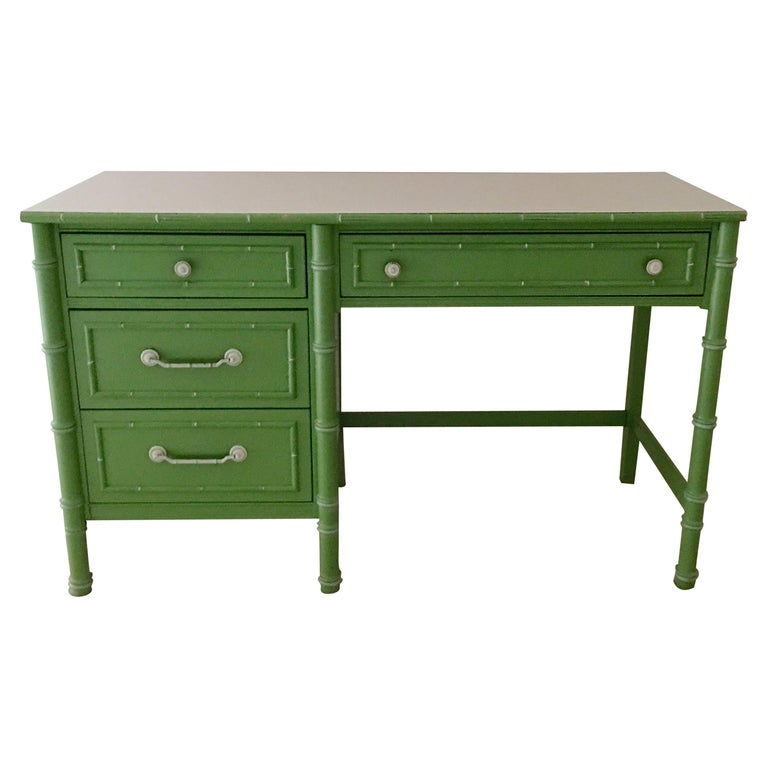 Hollywood Regency Faux Bamboo Green and White Desk by Thomasville