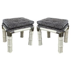 Hollywood Regency Faux Bamboo Leopard Velvet Ottomans / Stools / Benches - Pair