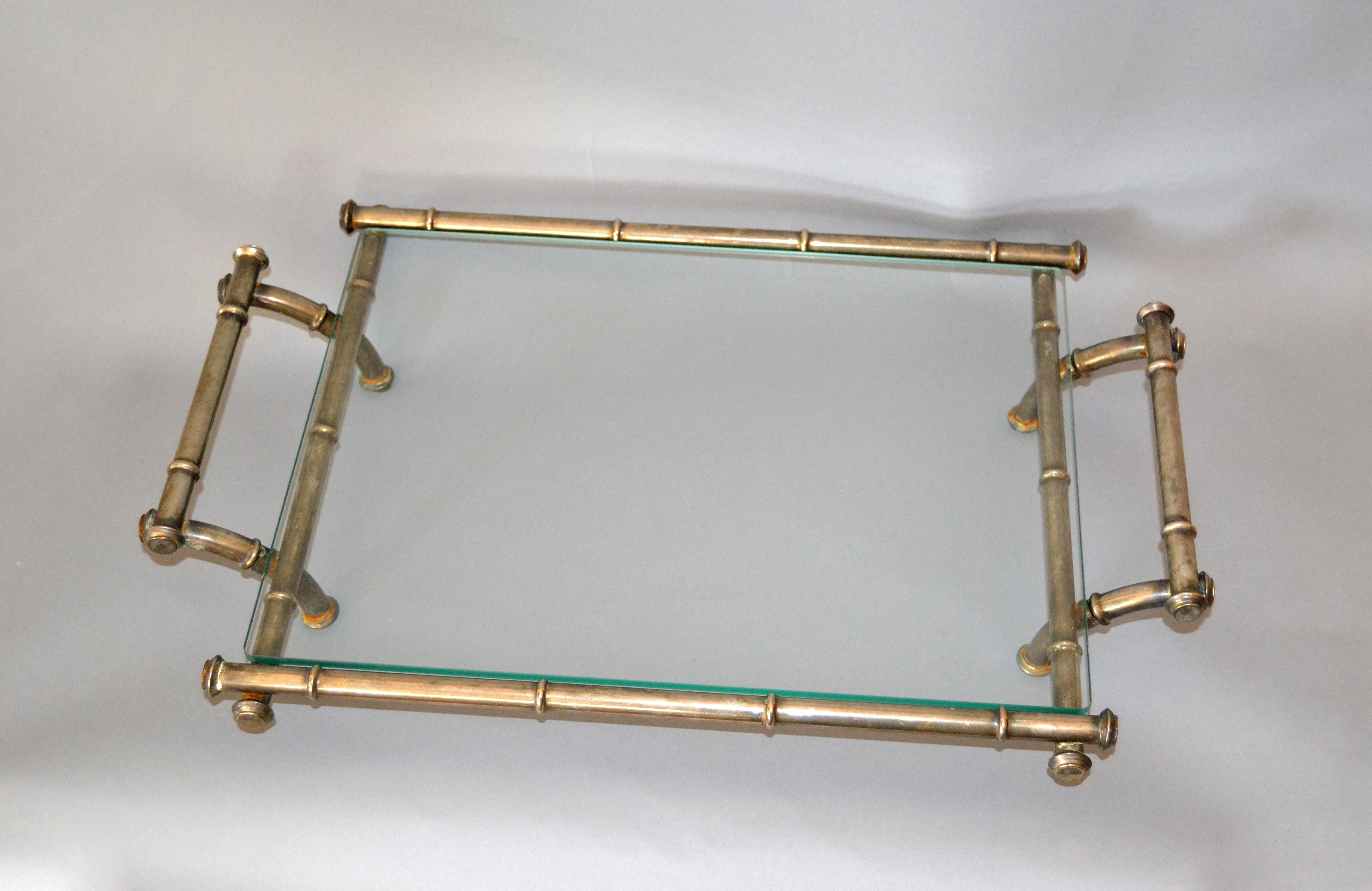 Hollywood Regency Faux Bamboo Metal and Glass Table Tray, Serving Tray, Platter 6