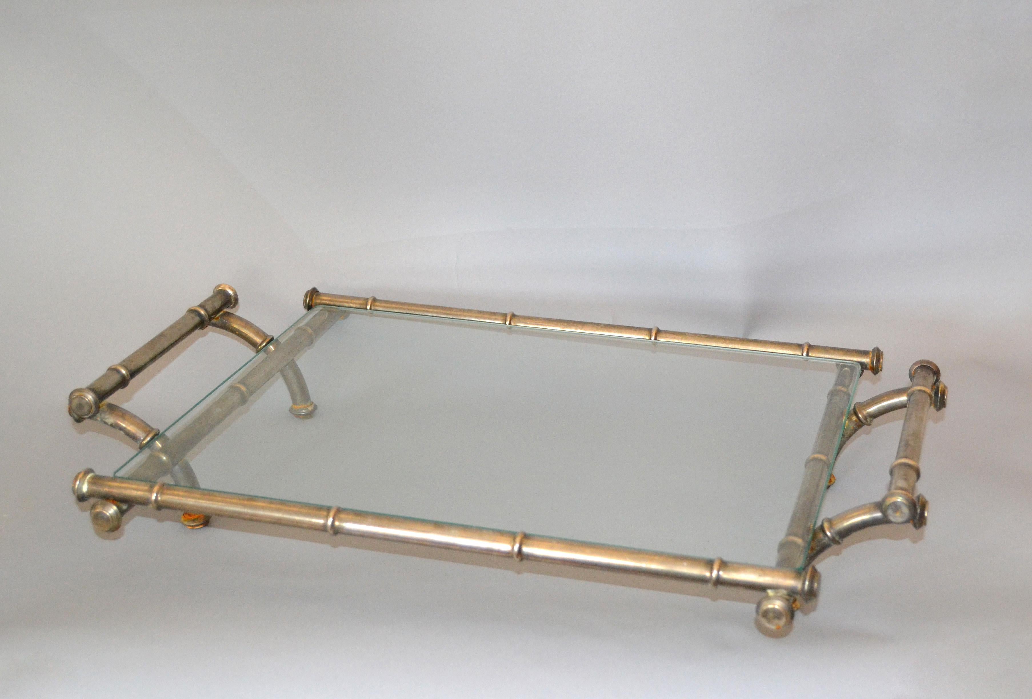 Hollywood Regency Faux Bamboo Metal and Glass Table Tray, Serving Tray, Platter 7