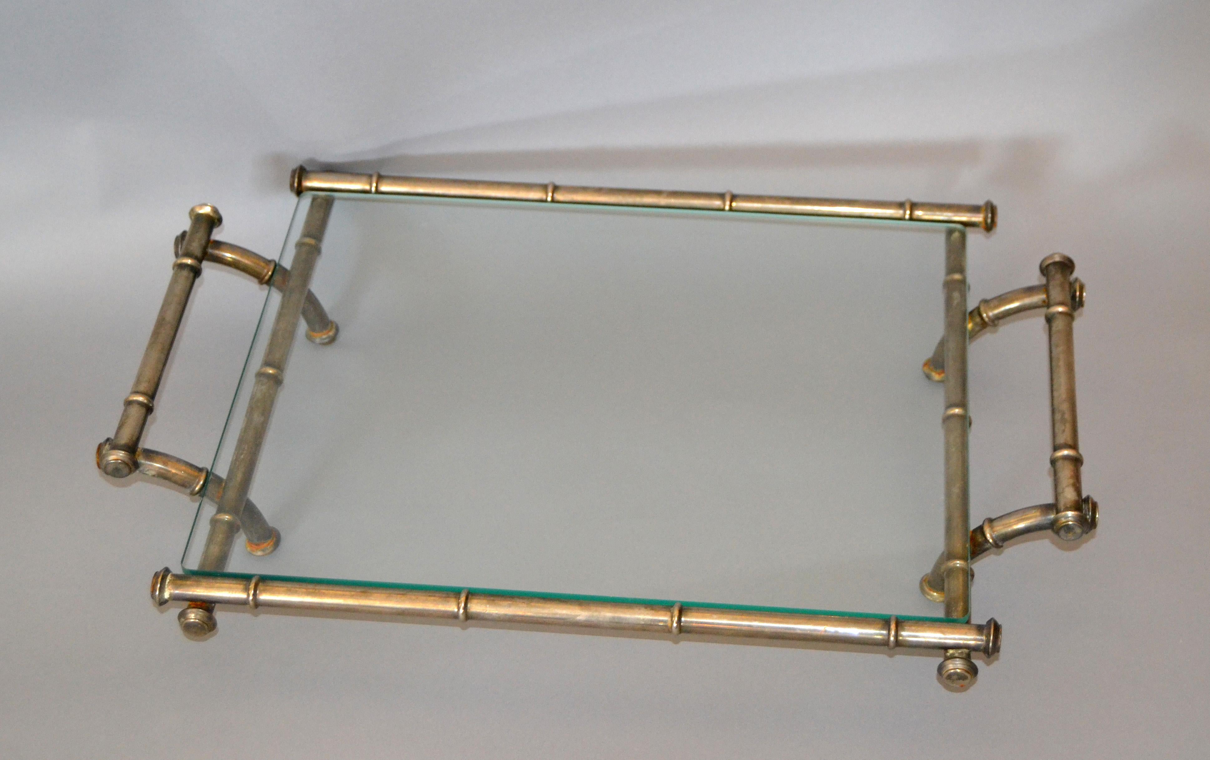 Hollywood Regency Faux Bamboo Metal and Glass Table Tray, Serving Tray, Platter In Good Condition In Miami, FL