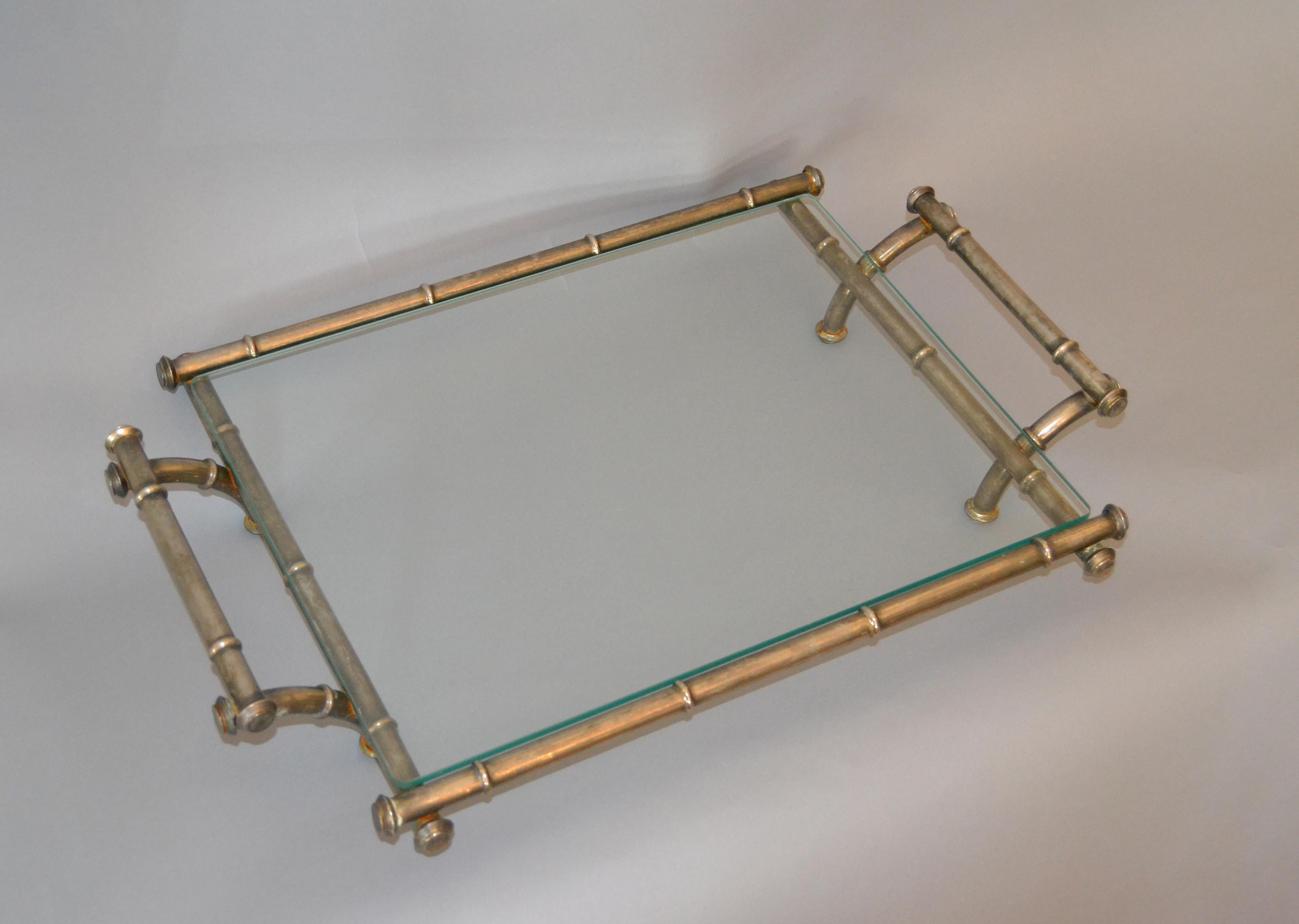 Late 20th Century Hollywood Regency Faux Bamboo Metal and Glass Table Tray, Serving Tray, Platter