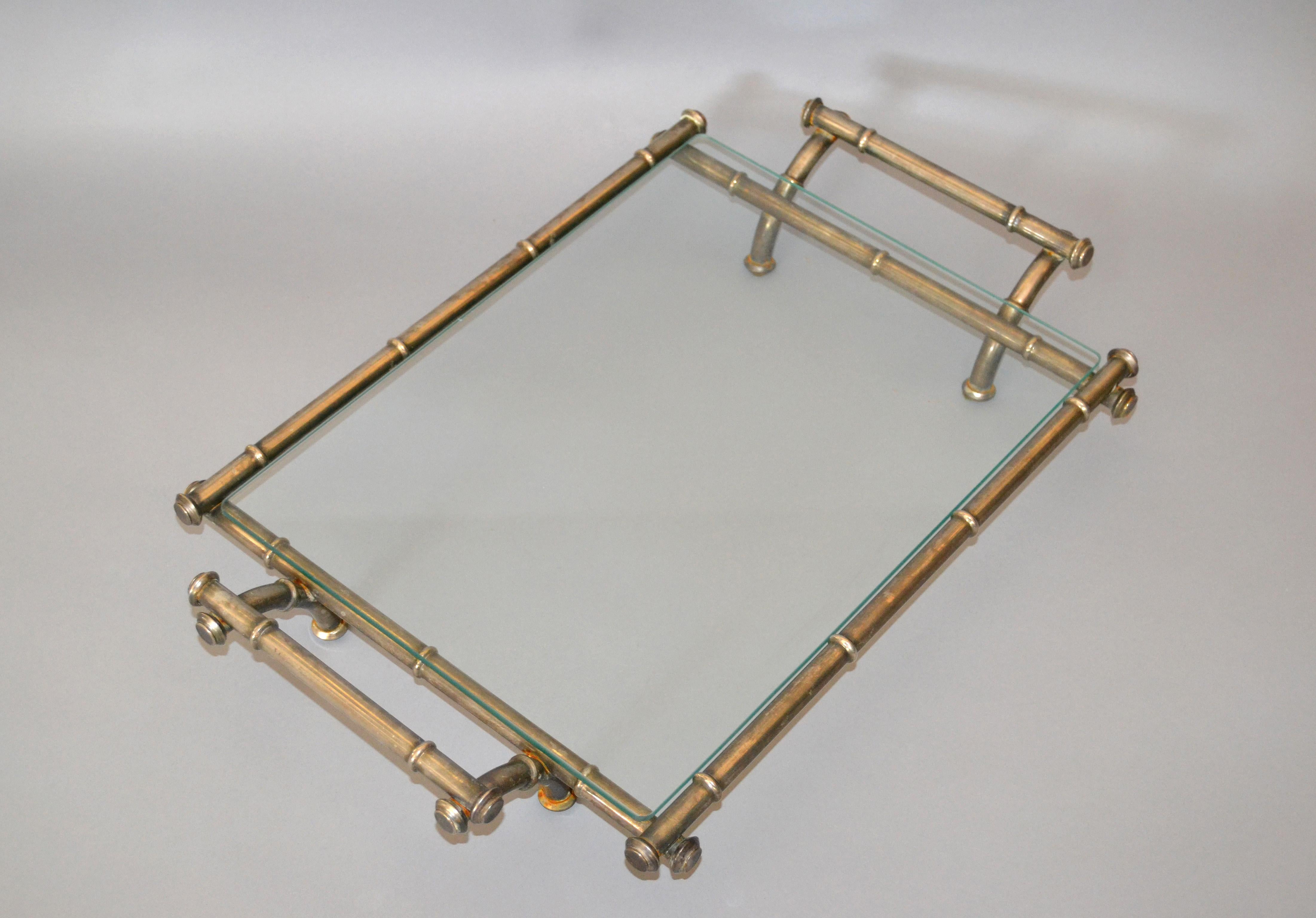 Hollywood Regency Faux Bamboo Metal and Glass Table Tray, Serving Tray, Platter 1