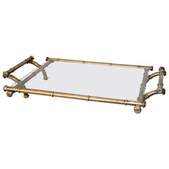 Vintage Hollywood Regency Faux Bamboo Metal and Glass Table Tray, Serving Tray, Platter