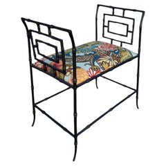 Hollywood Regency Faux Bamboo Metal Bench W Schumacher Chiang Mai Dragon