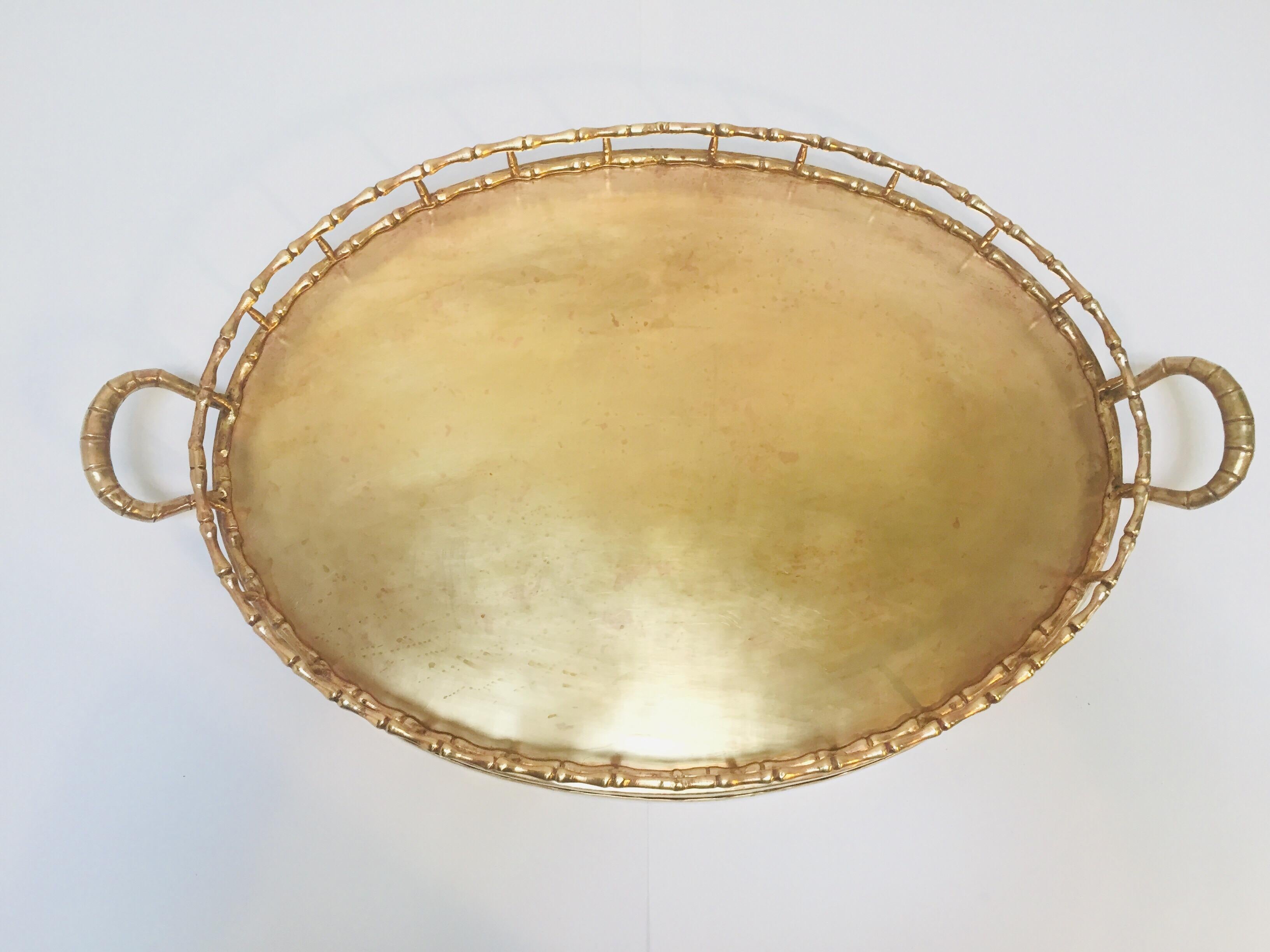 Hollywood Regency Faux Bamboo Oval Brass Serving Tray 1