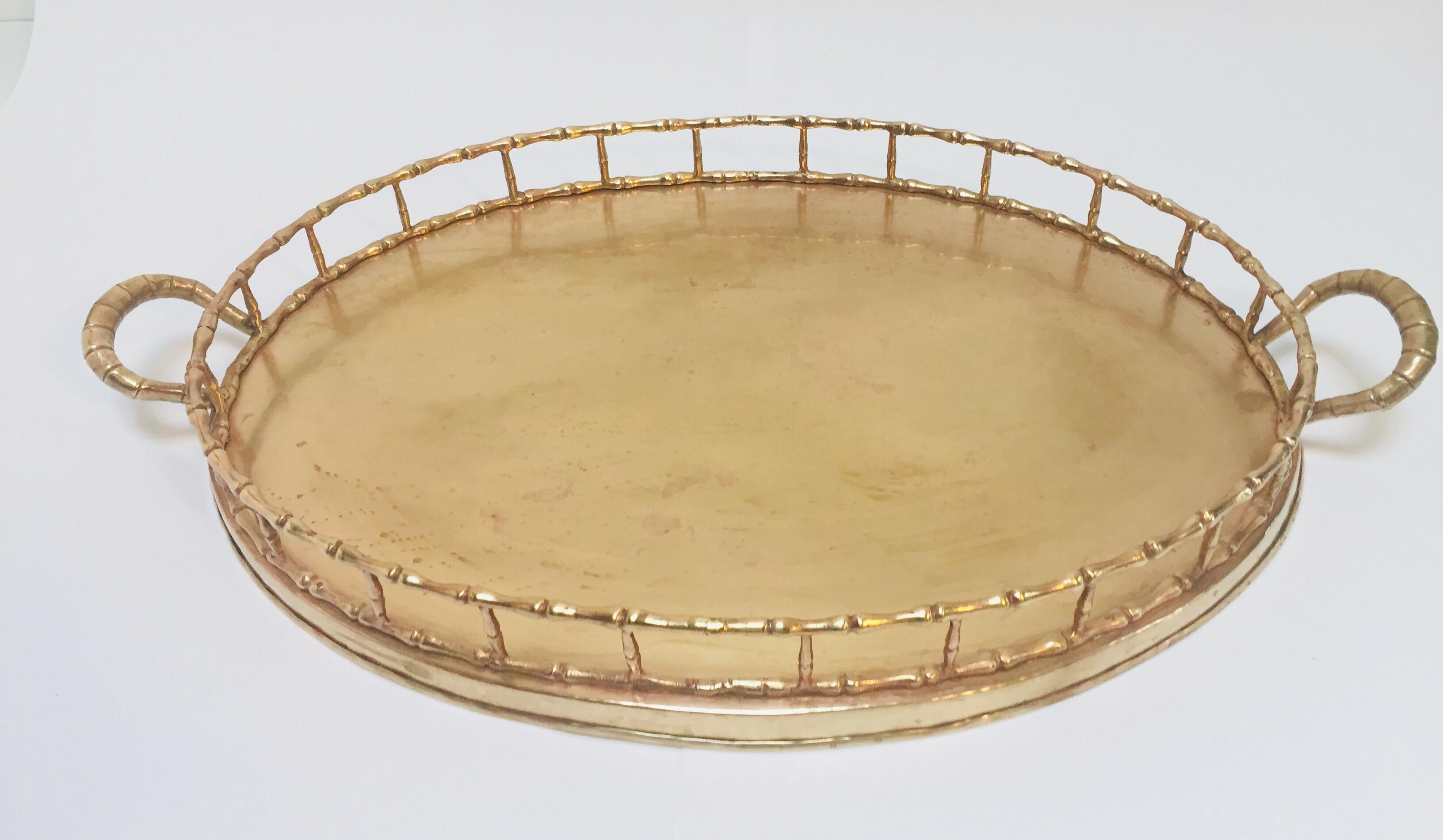 Hollywood Regency Faux Bamboo Oval Brass Serving Tray 2