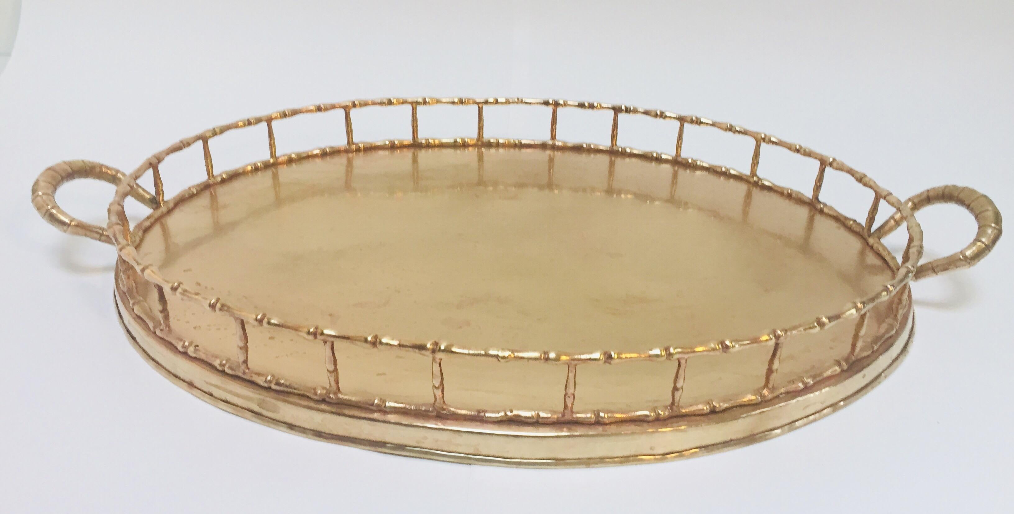 Hollywood Regency Faux Bamboo Oval Brass Serving Tray 3