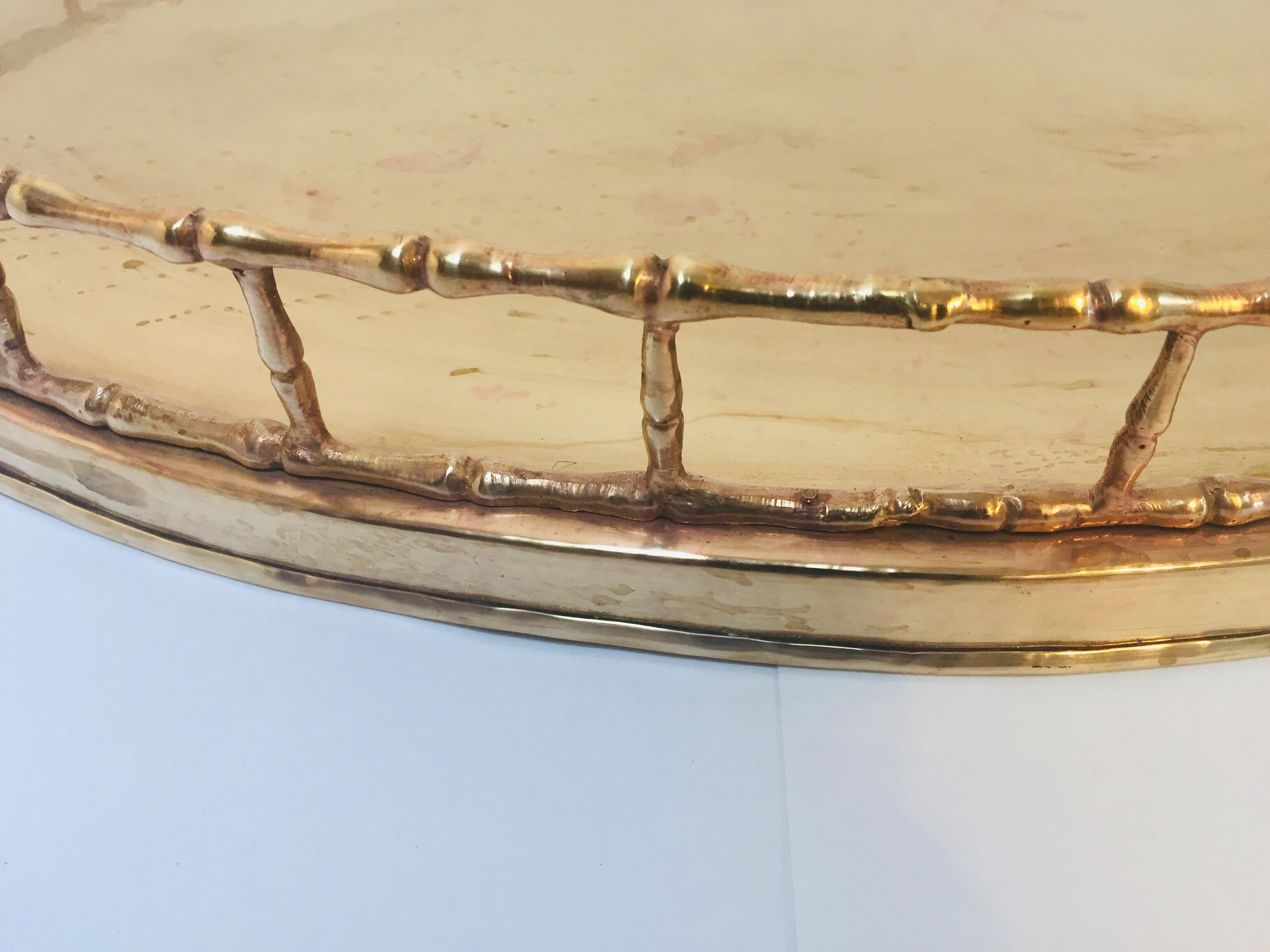 Hollywood Regency Faux Bamboo Oval Brass Serving Tray 6