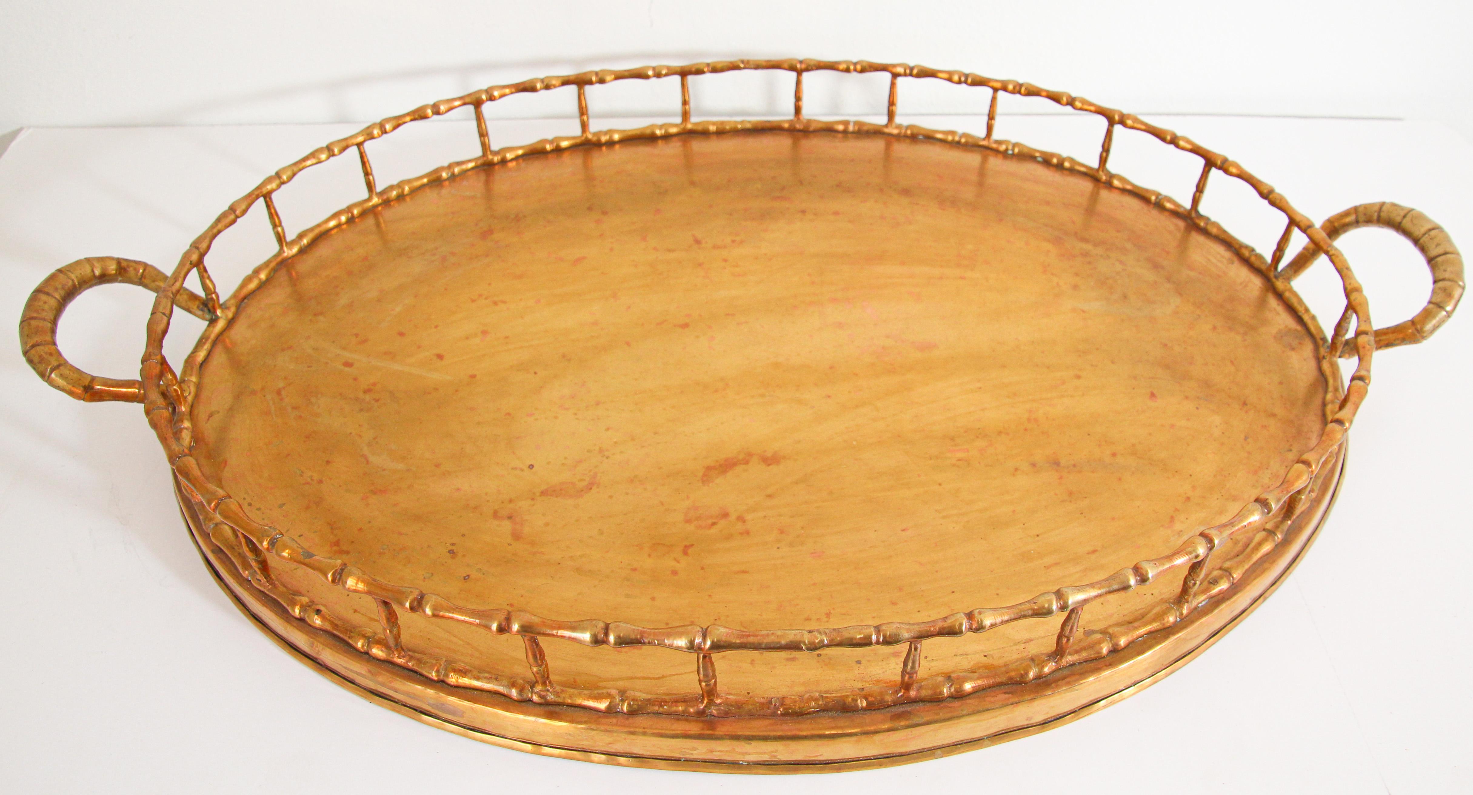 Hollywood Regency Faux Bamboo Oval Brass Serving Tray 11