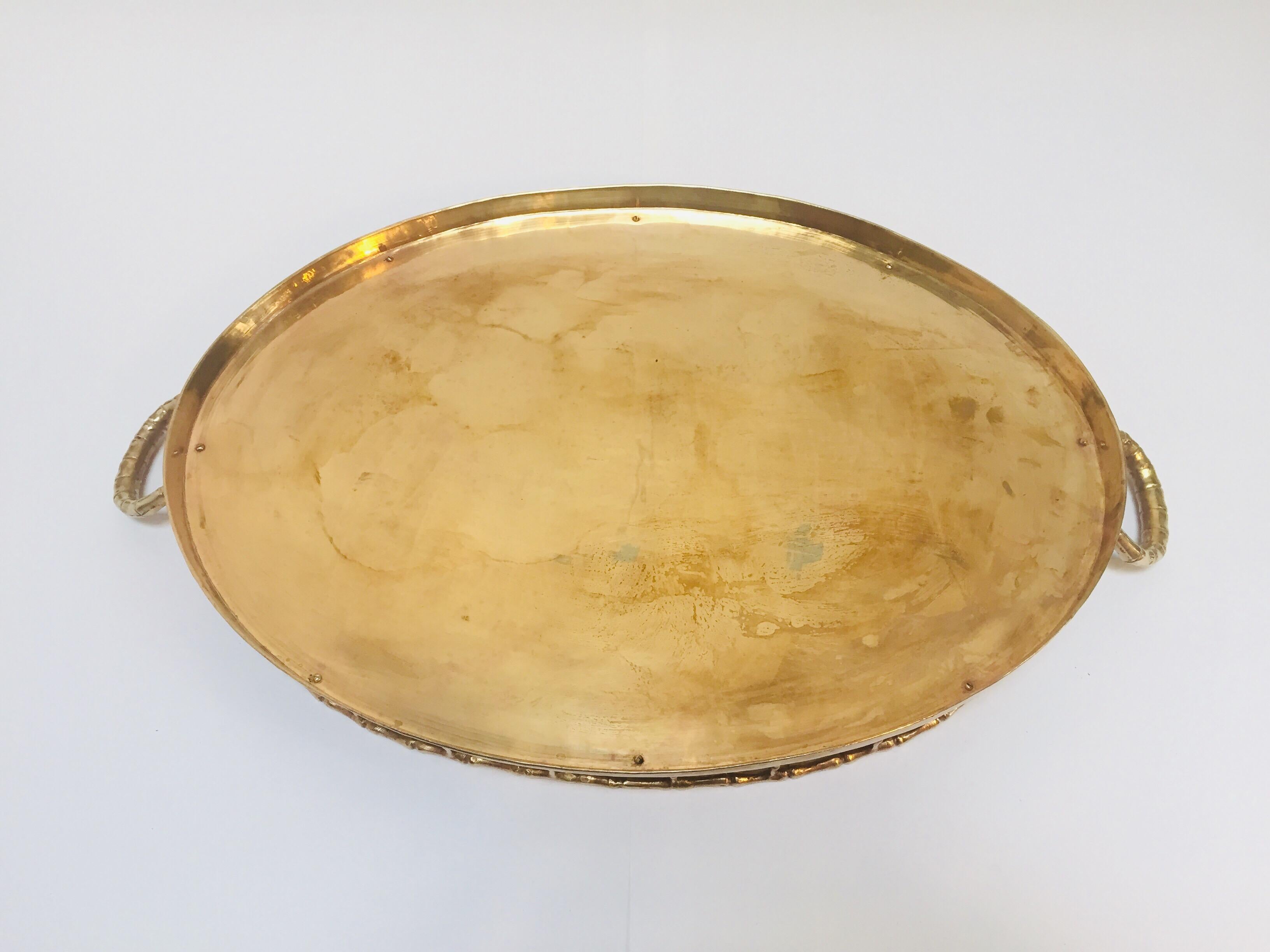 Hollywood Regency Faux Bamboo Oval Brass Serving Tray 10